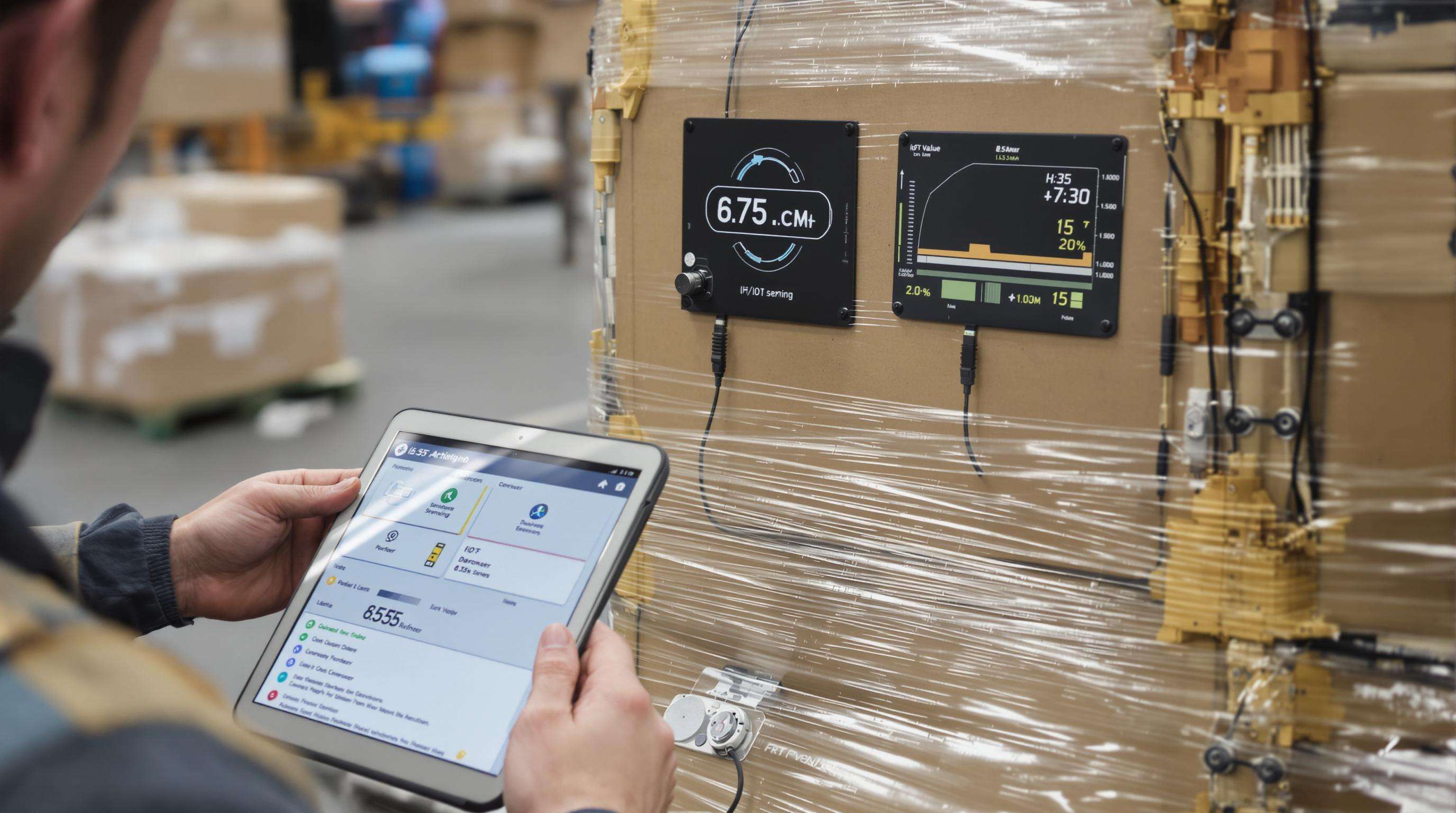 Technician monitoring wireless IoT sensors on a high-value shipment in a cargo facility