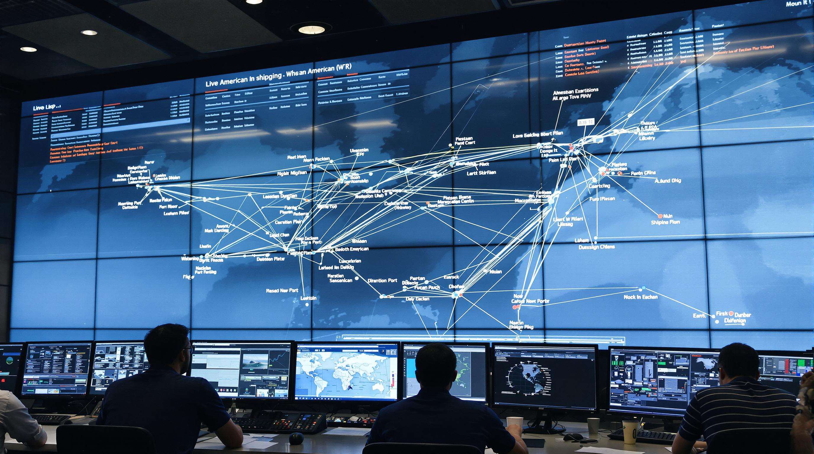 Logistics team in a control room monitoring real-time supply chain disruptions across North America on large digital screens