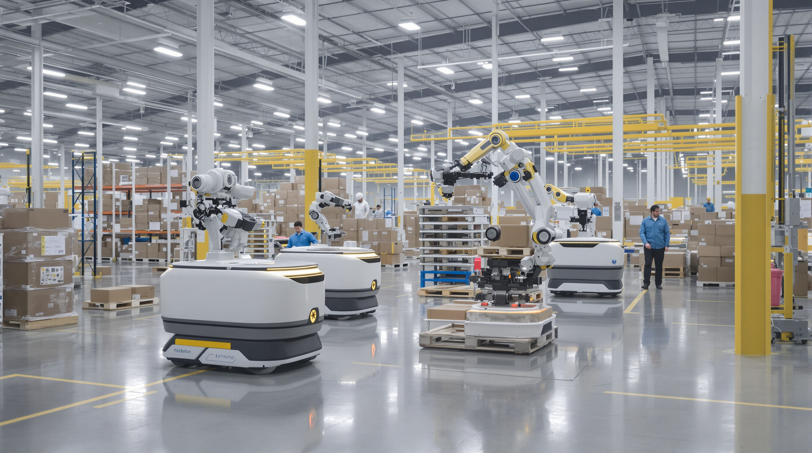 Autonomous robots and robotic arms sorting packages with human workers in a modern warehouse