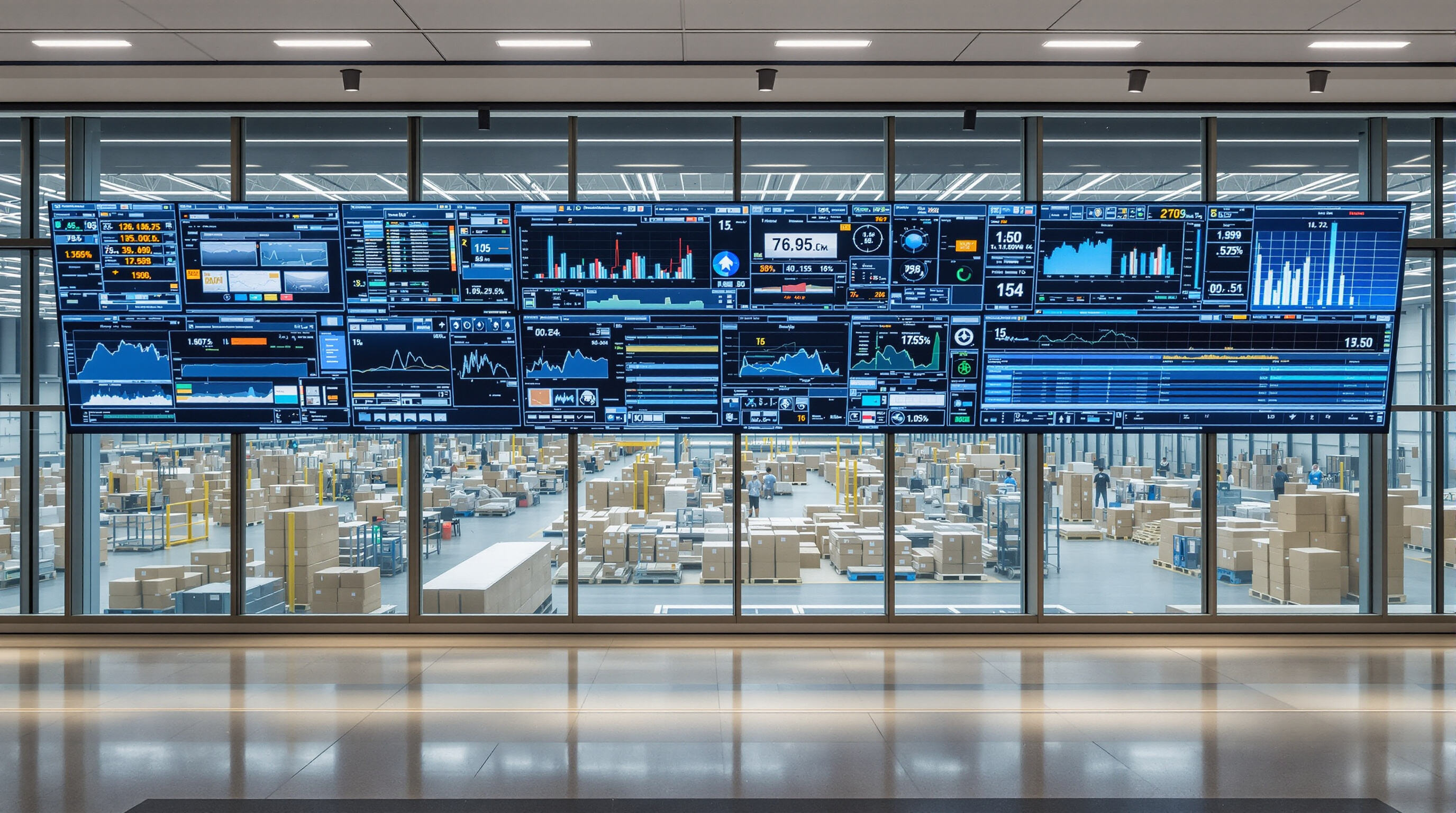 A logistics control room with digital screens tracking shipments and staff overseeing real-time data