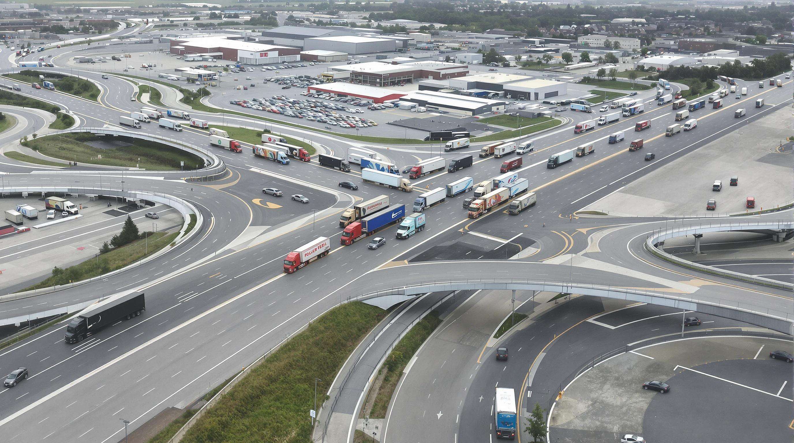 Cargo trucks using advanced GPS and weather data on a busy highway network with logistics hubs in the background