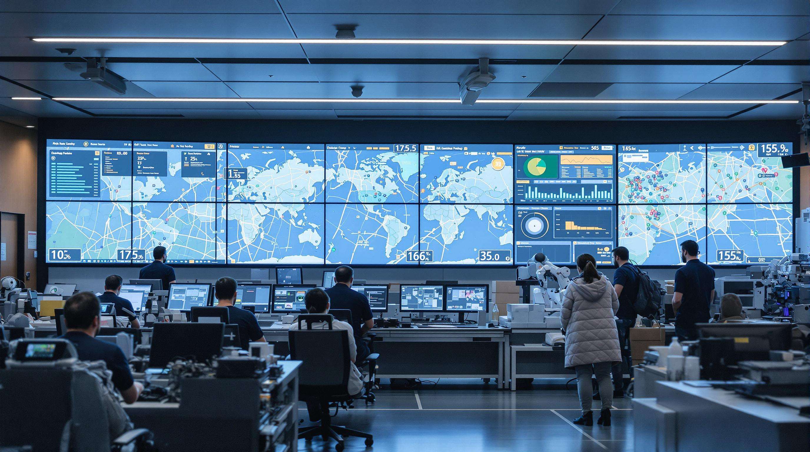 Logistics control room with staff overseeing real-time shipment tracking and robotic automation