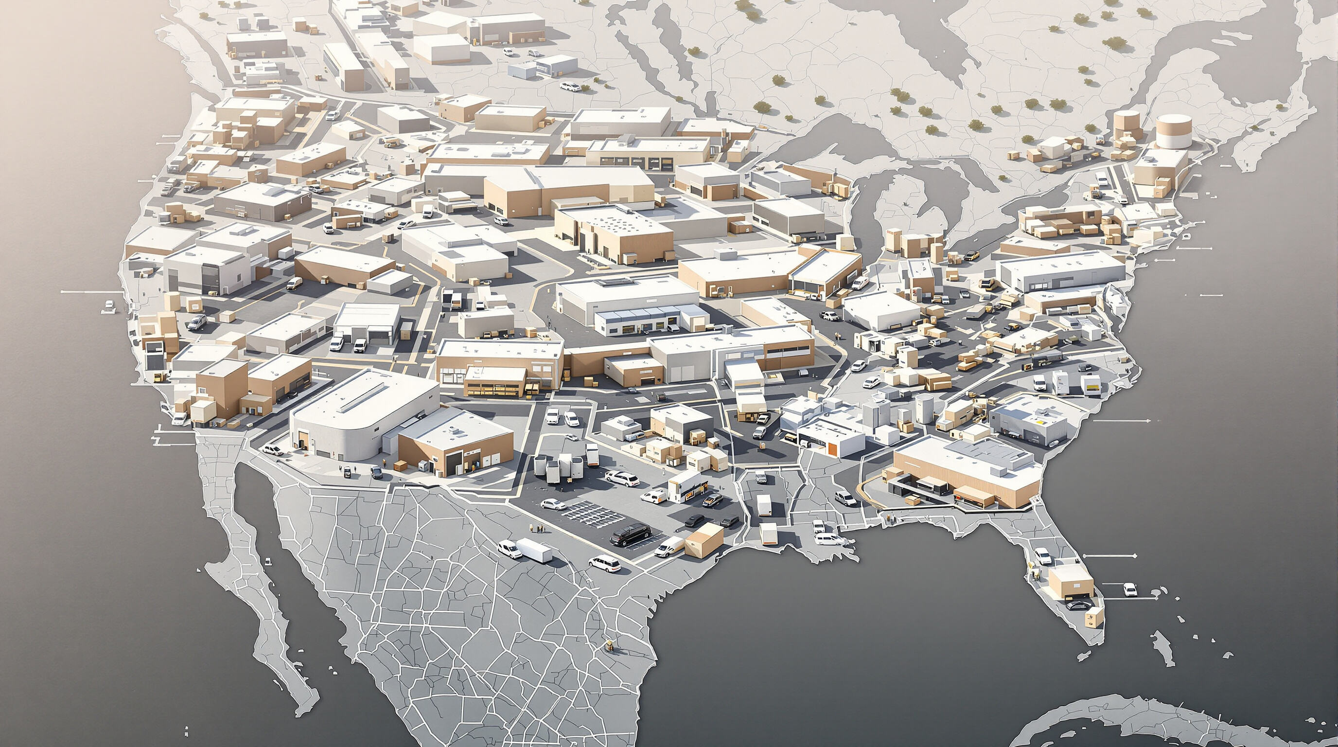 Photorealistic image of multiple warehouses across a US map with delivery vans, illustrating strategic placement for faster deliveries