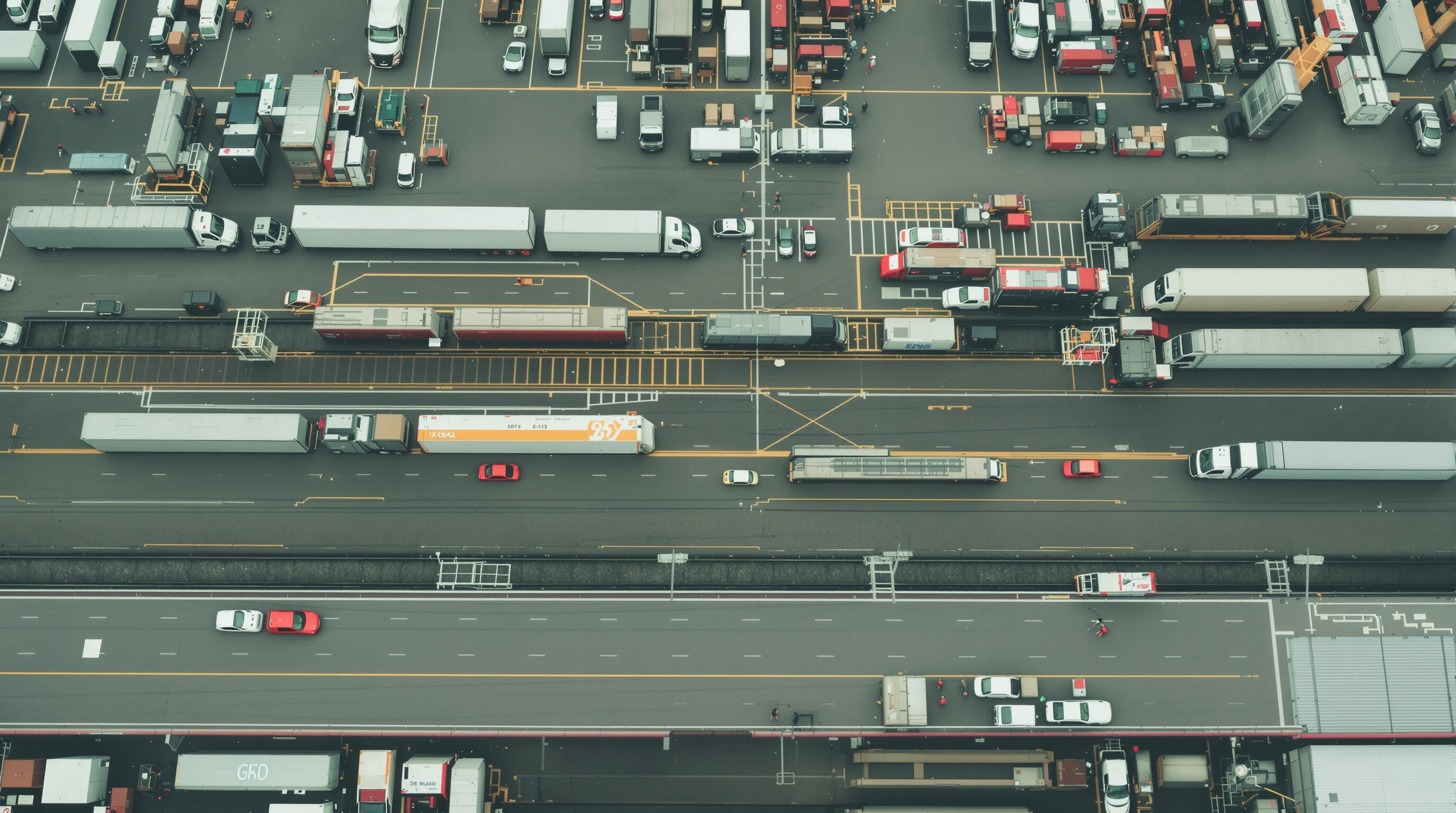 Aerial view of trucks, trains, and delivery vehicles coordinating at a multi-modal transportation hub
