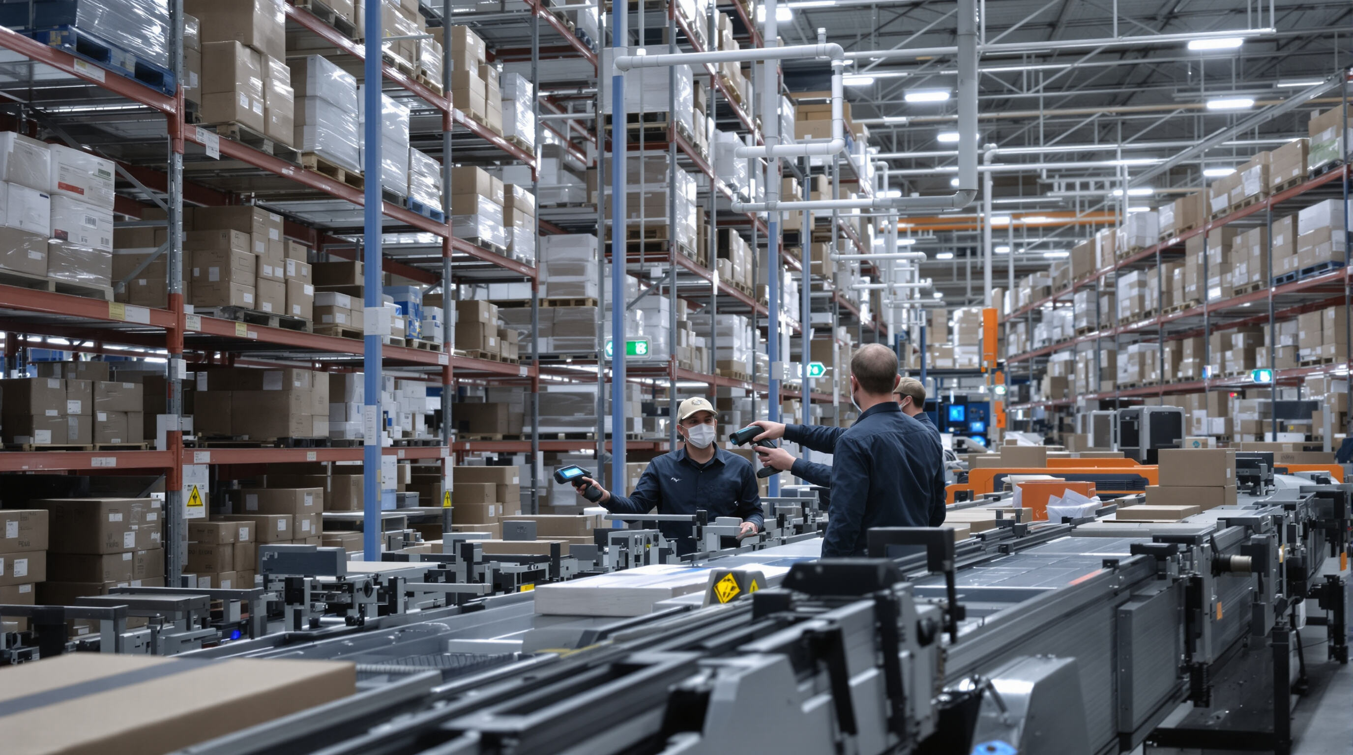 Warehouse staff using RFID scanners among shelves with products and visible automation