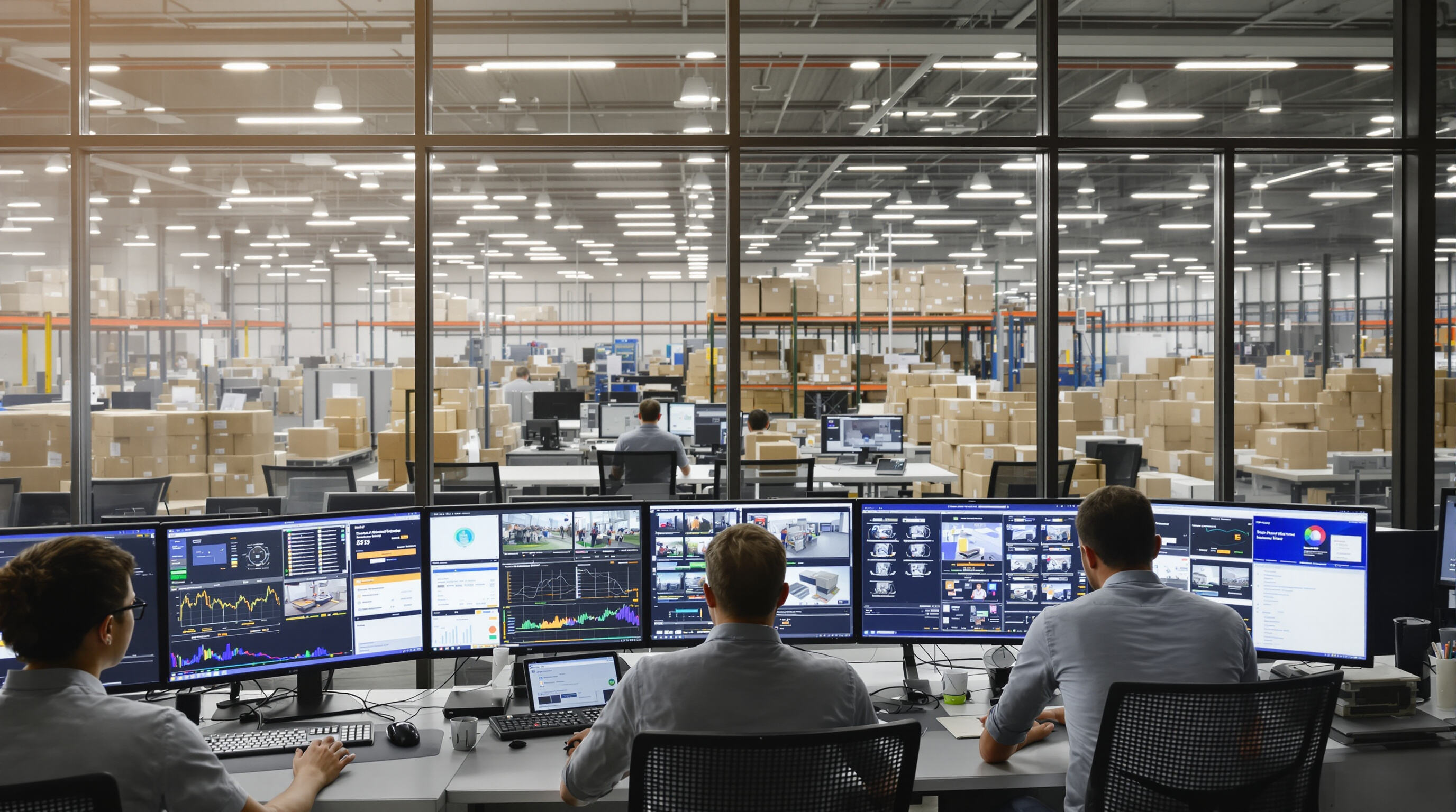 Logistics professionals tracking real-time order fulfillment in a control room