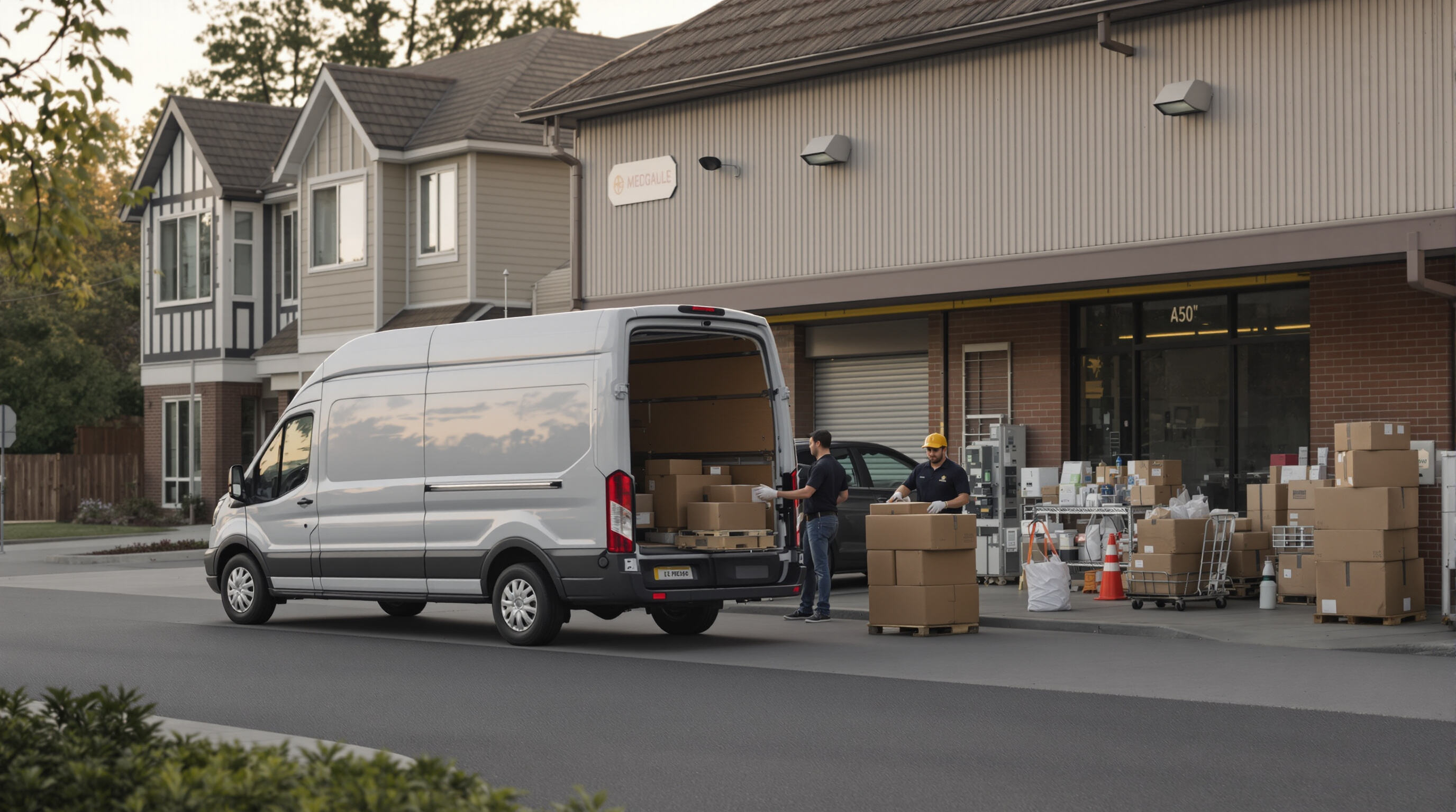 Photorealistic scene of a delivery van and packages at a neighborhood depot near a regional warehouse, highlighting reduced shipping costs
