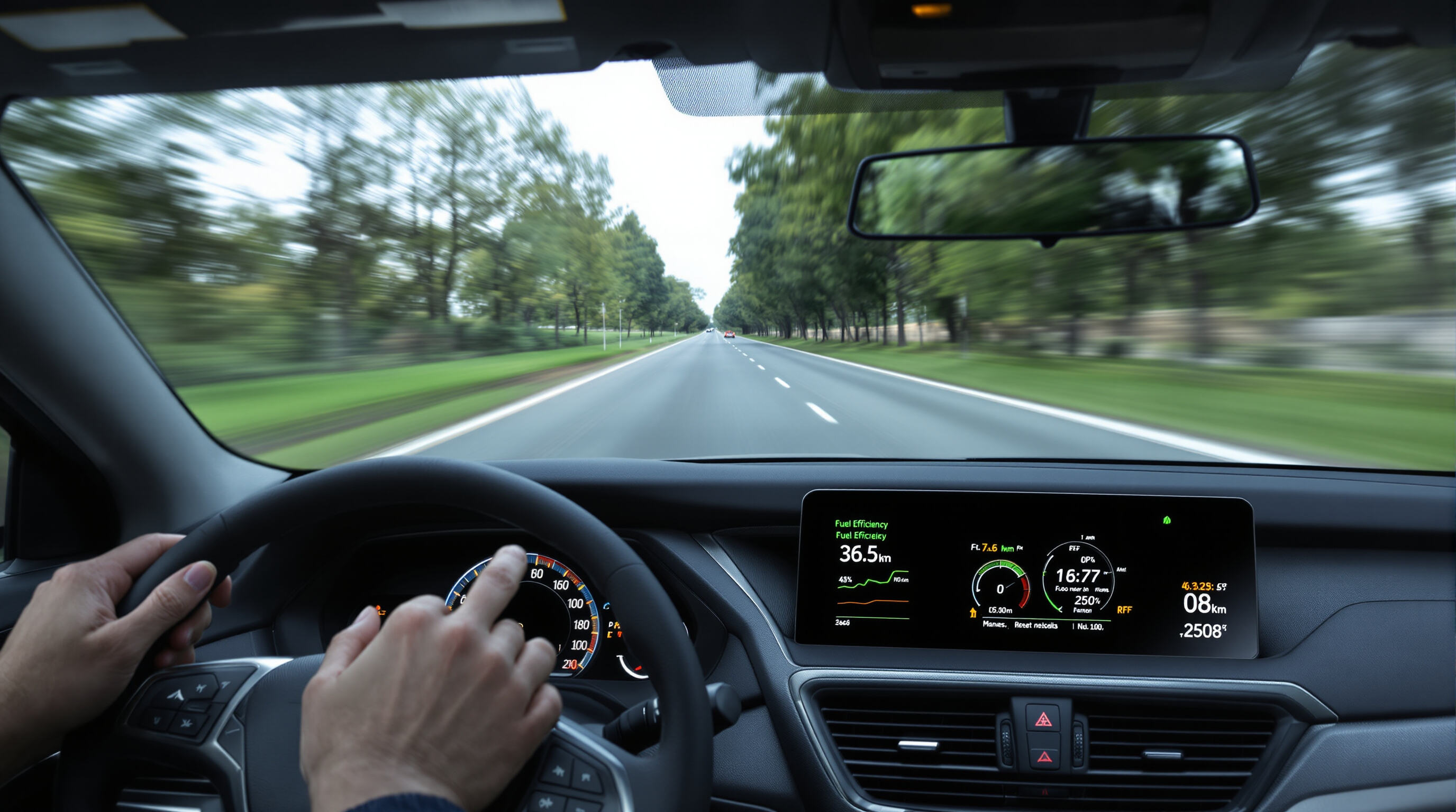 Realistic photo taken from a modern sedan's interior showing dashboard gauges focused on fuel efficiency, with the outside road softly blurred.