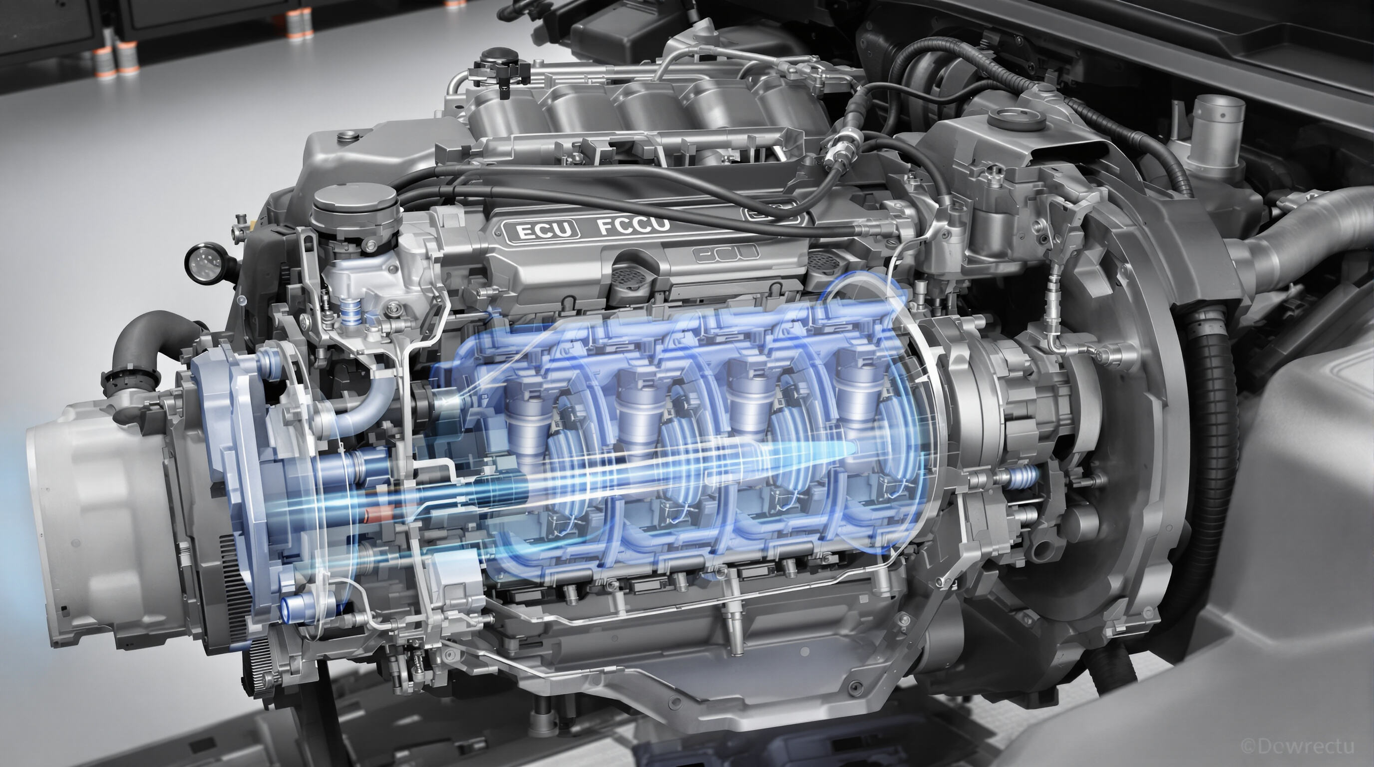 Photo-realistic cross-section of a car engine showing the ECU, oxygen sensor, and internal airflow for combustion efficiency.