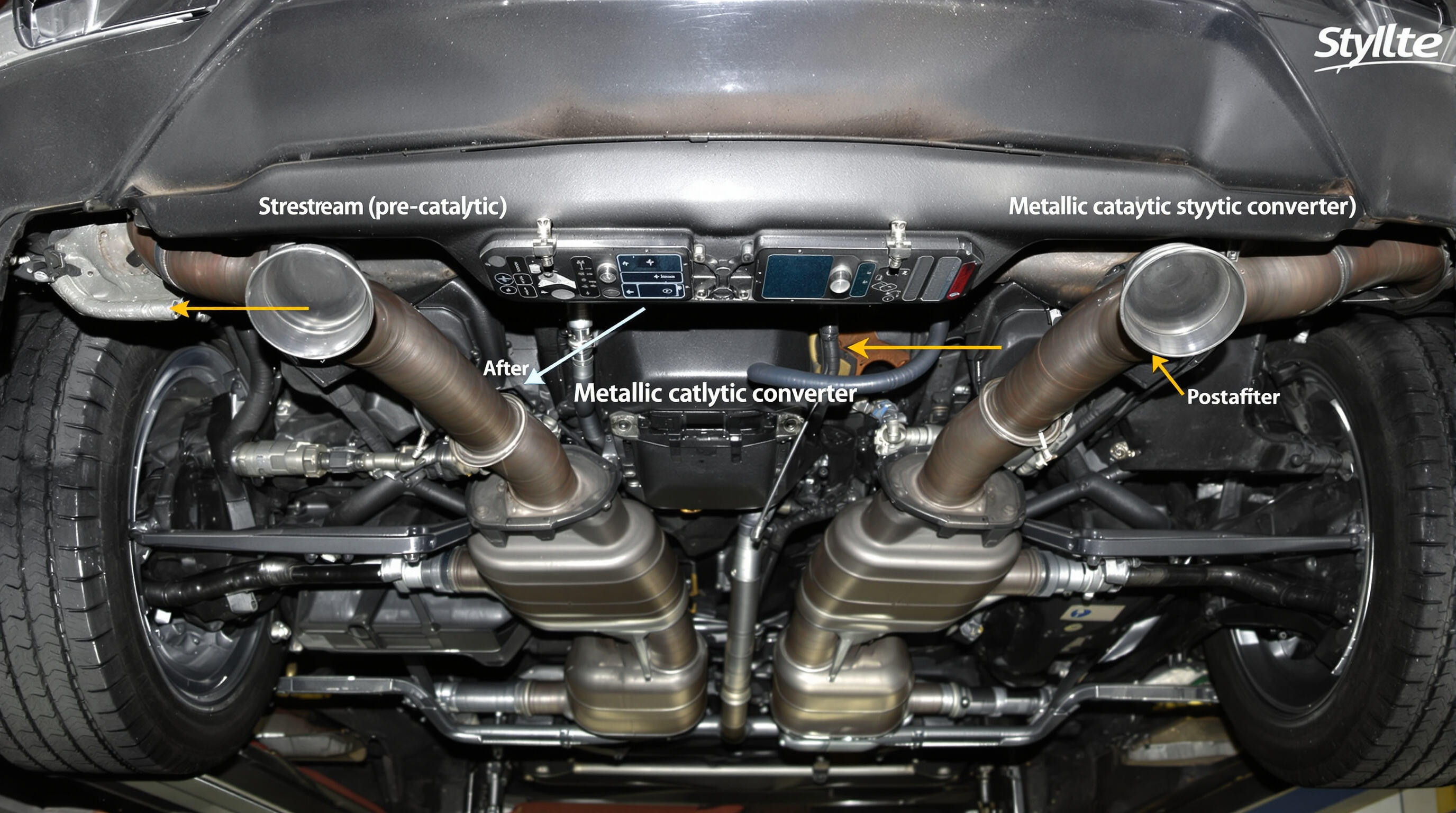 Realistic photo of a car's underside highlighting upstream and downstream oxygen sensors on the exhaust system.