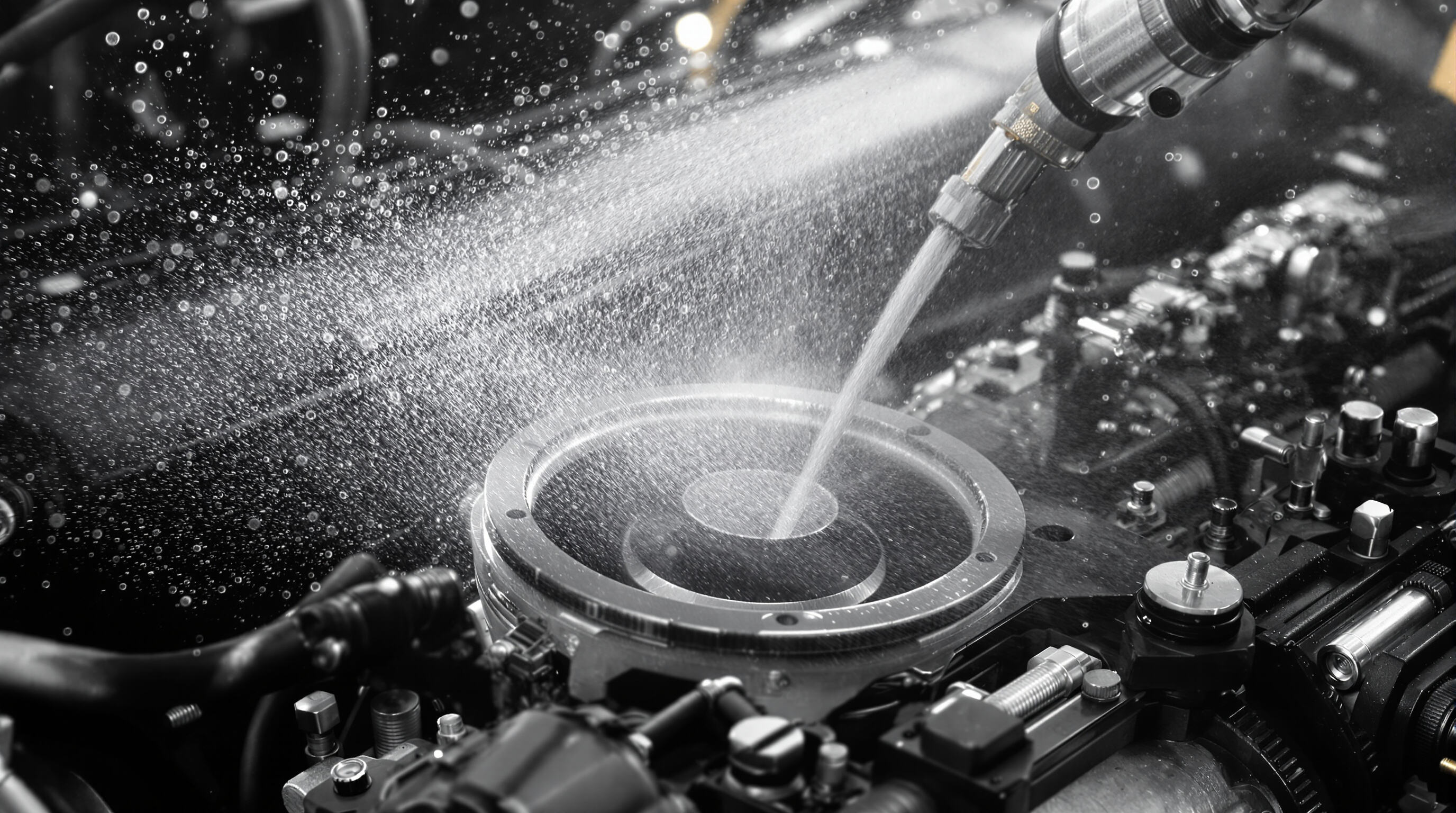 Close-up view of a fuel injector spraying atomized fuel mist inside a combustion chamber