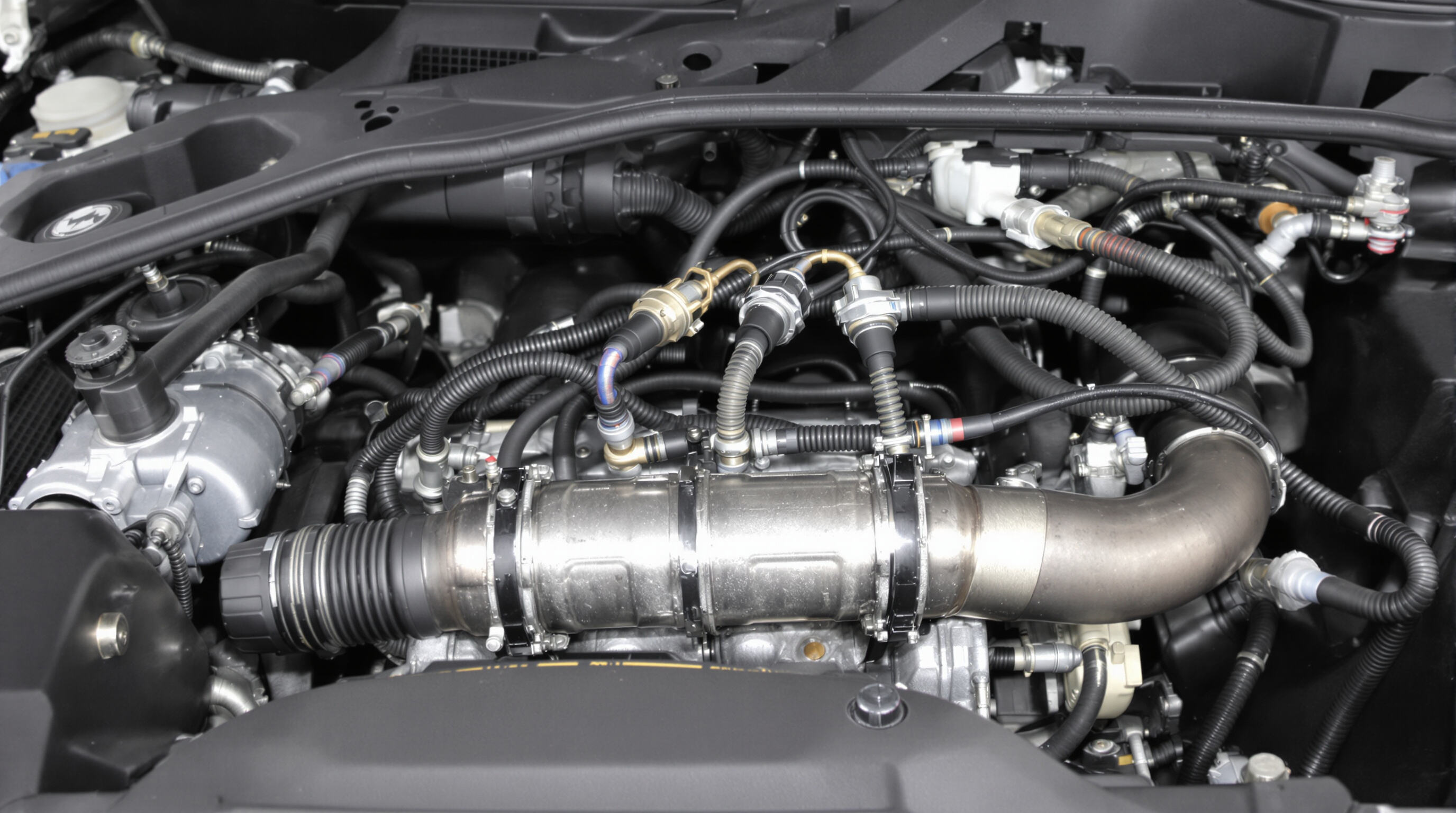 A close-up realistic photo of a car engine featuring oxygen sensors attached to the exhaust manifold, highlighting real-time air-fuel ratio monitoring.