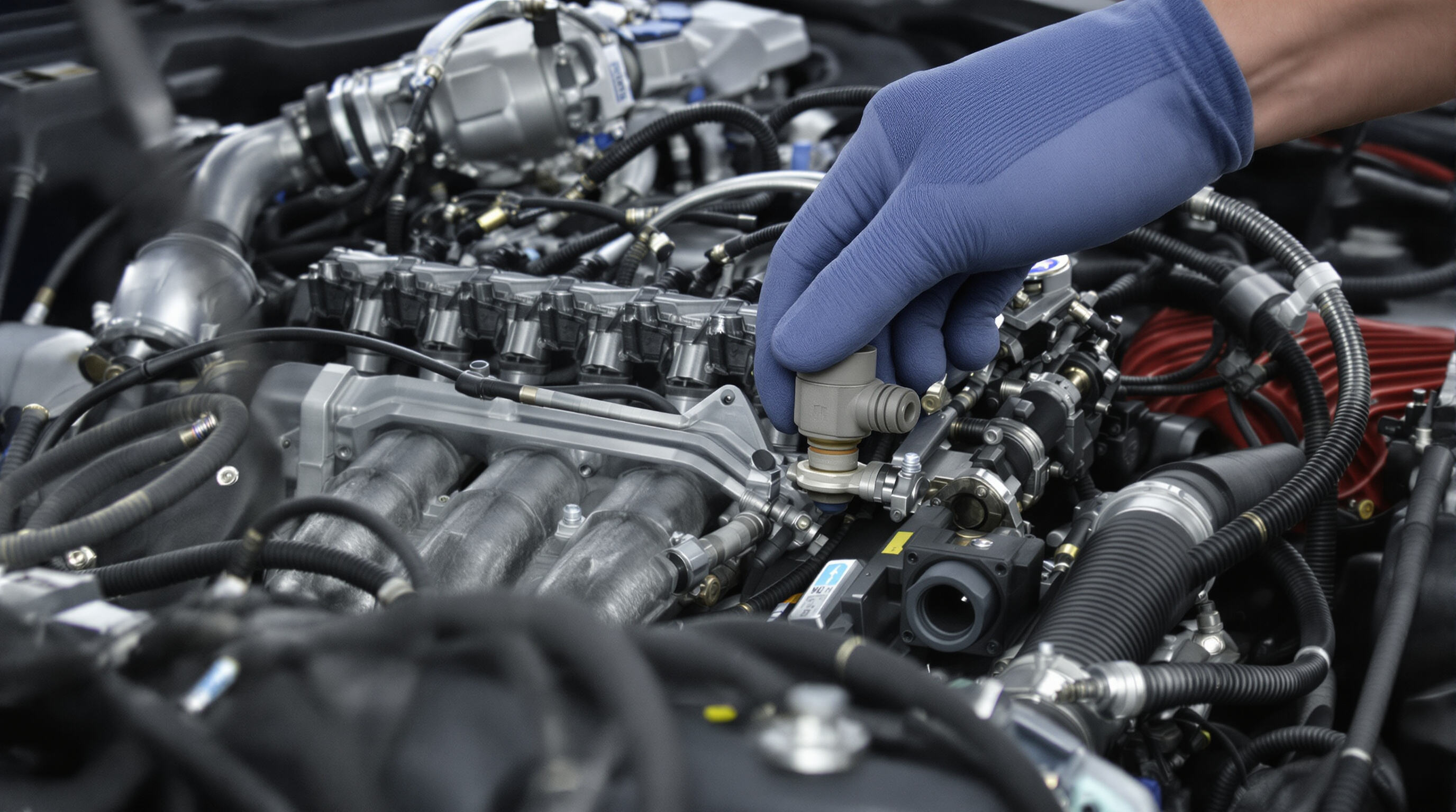 Mechanic adjusting a throttle position sensor on a car engine with focus on fuel system components