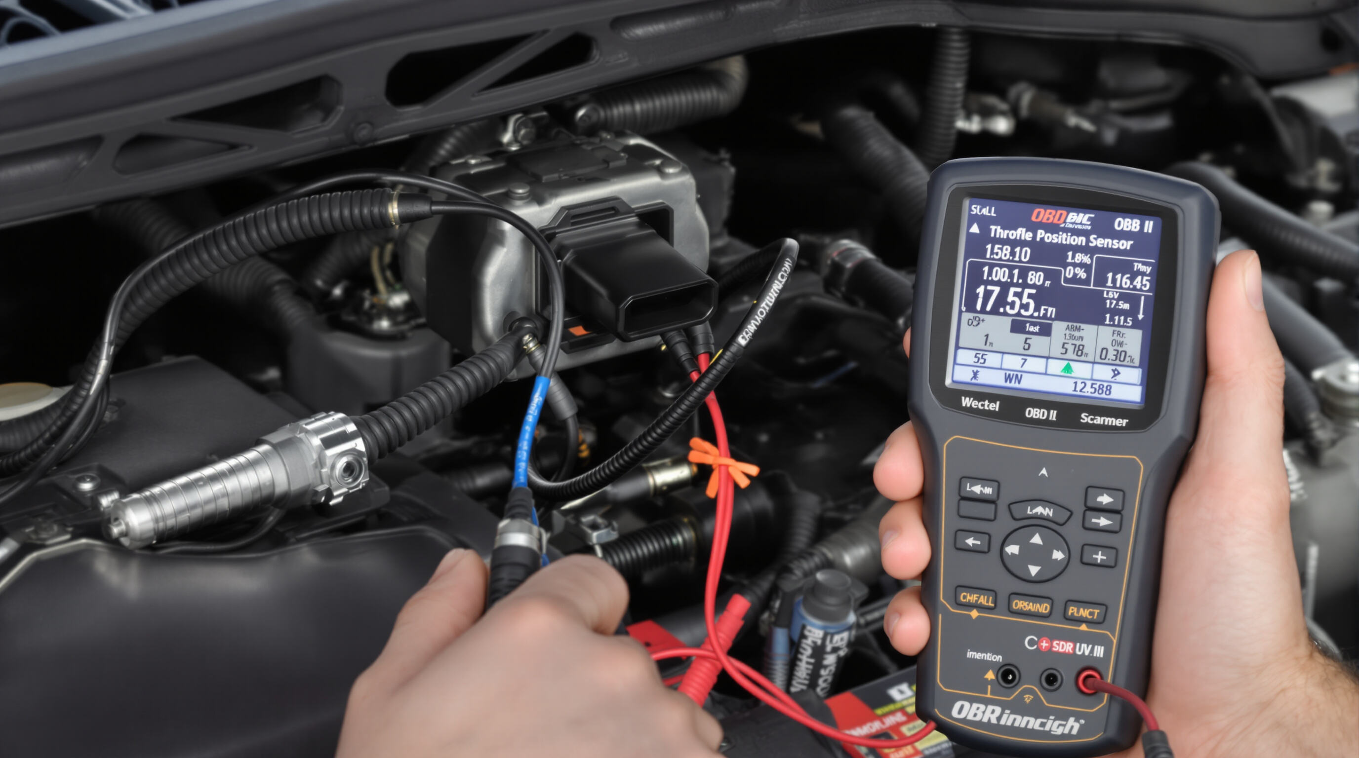 Close-up of a mechanic testing a throttle position sensor with diagnostic tools in an engine bay