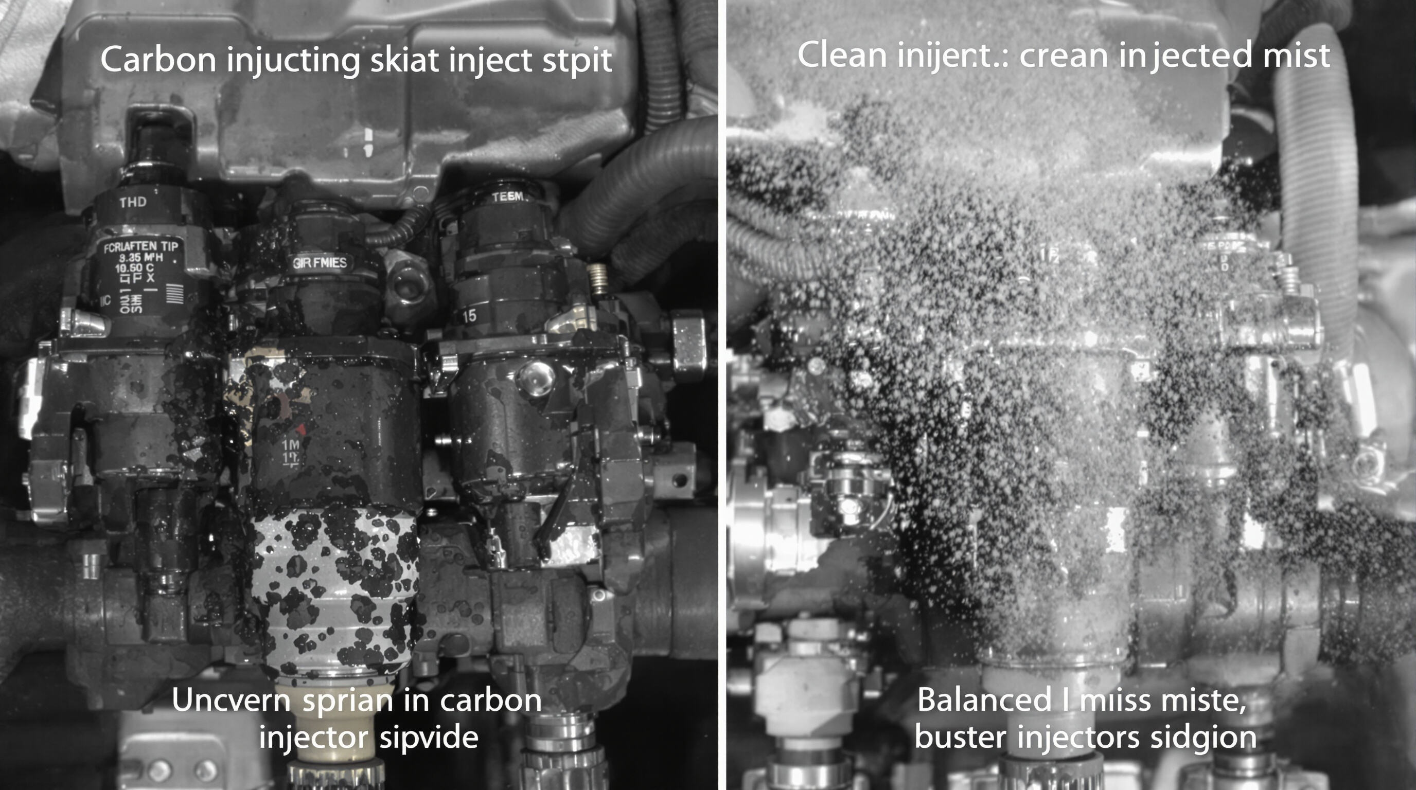 Engine fuel injectors with carbon deposits causing uneven spray patterns next to a clean injector