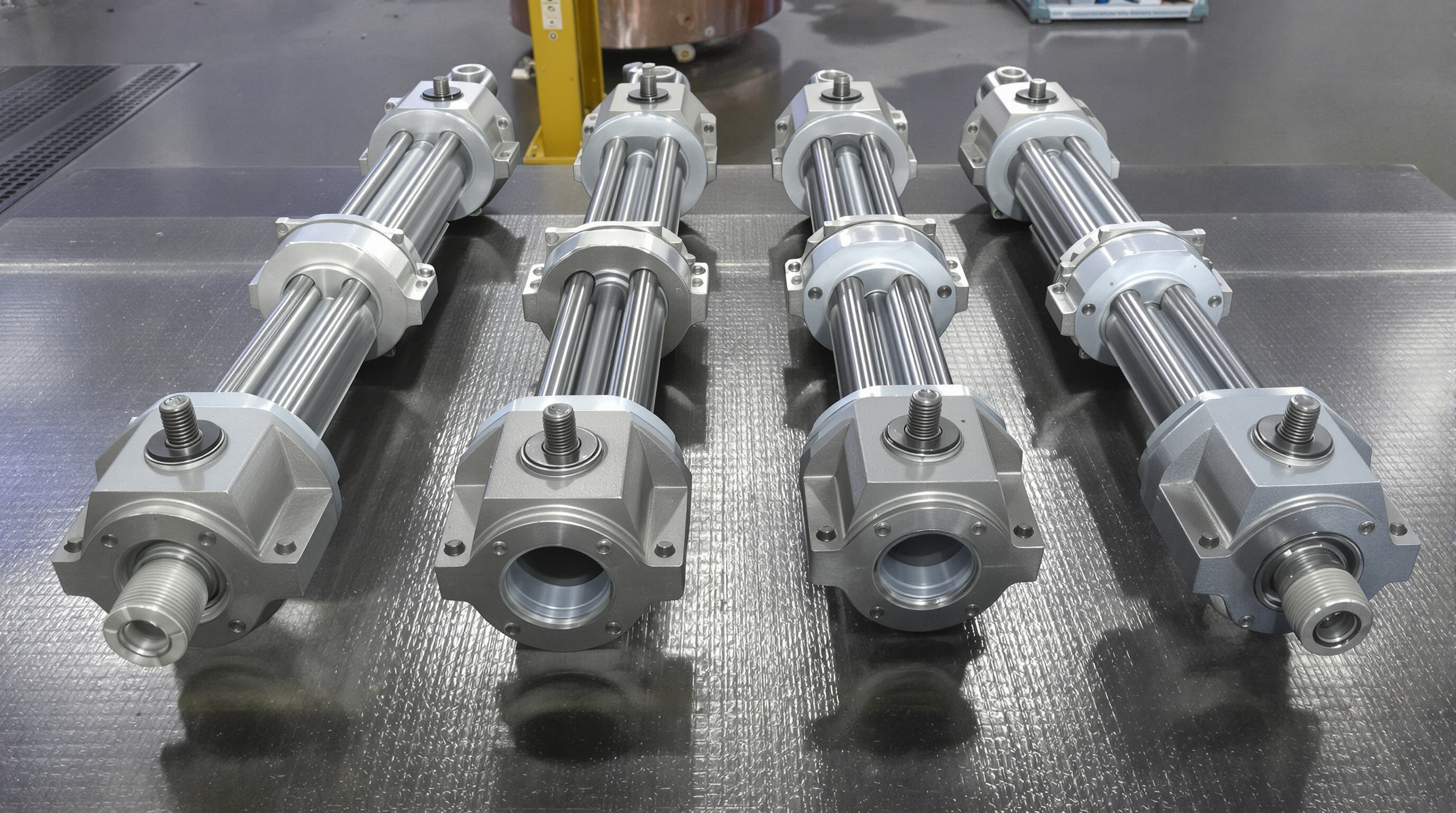 Various types of hydraulic cylinders displayed together in an industrial setting