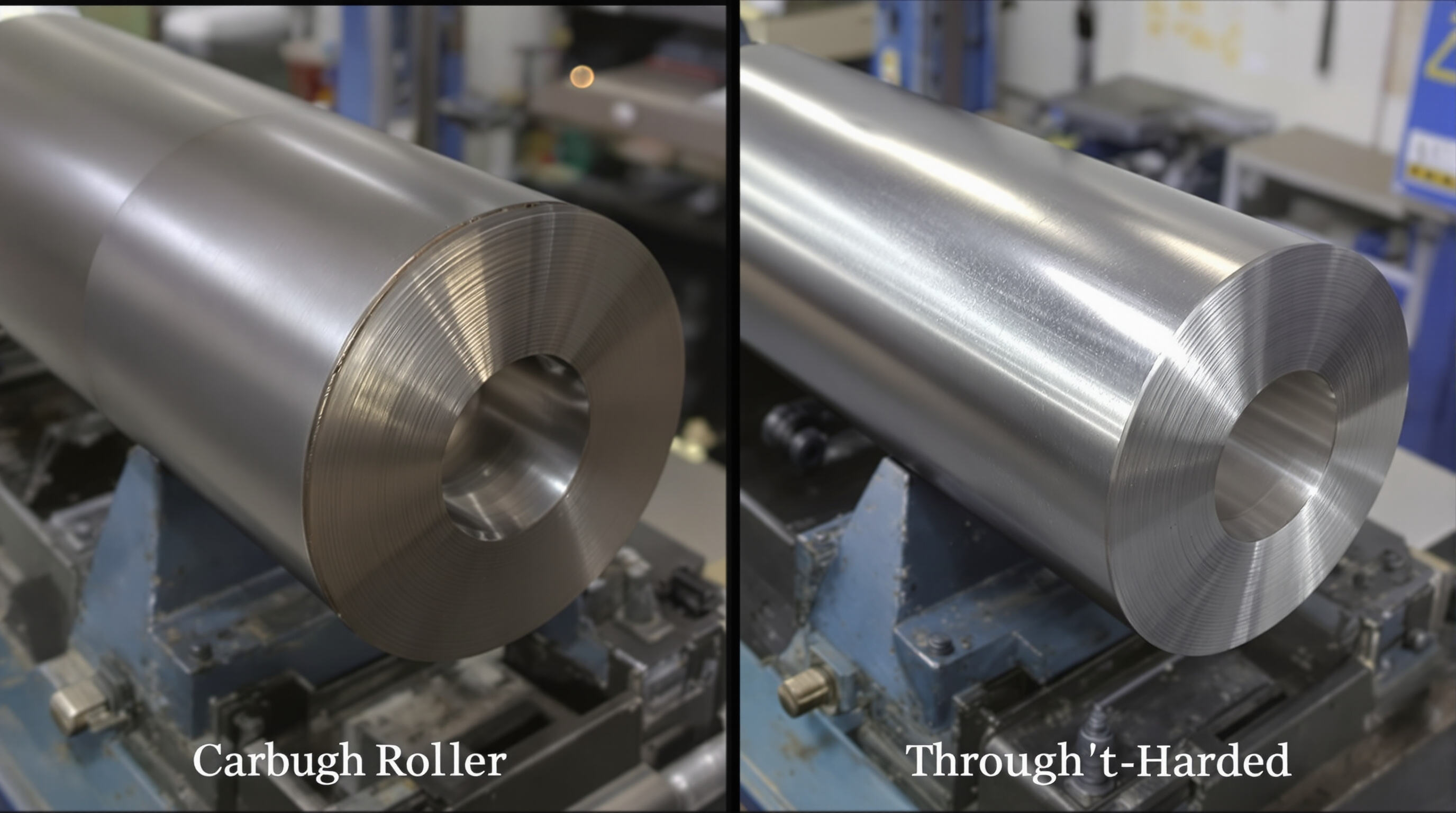 Carburized and through hardened steel rollers displayed side by side with visible cross-sections