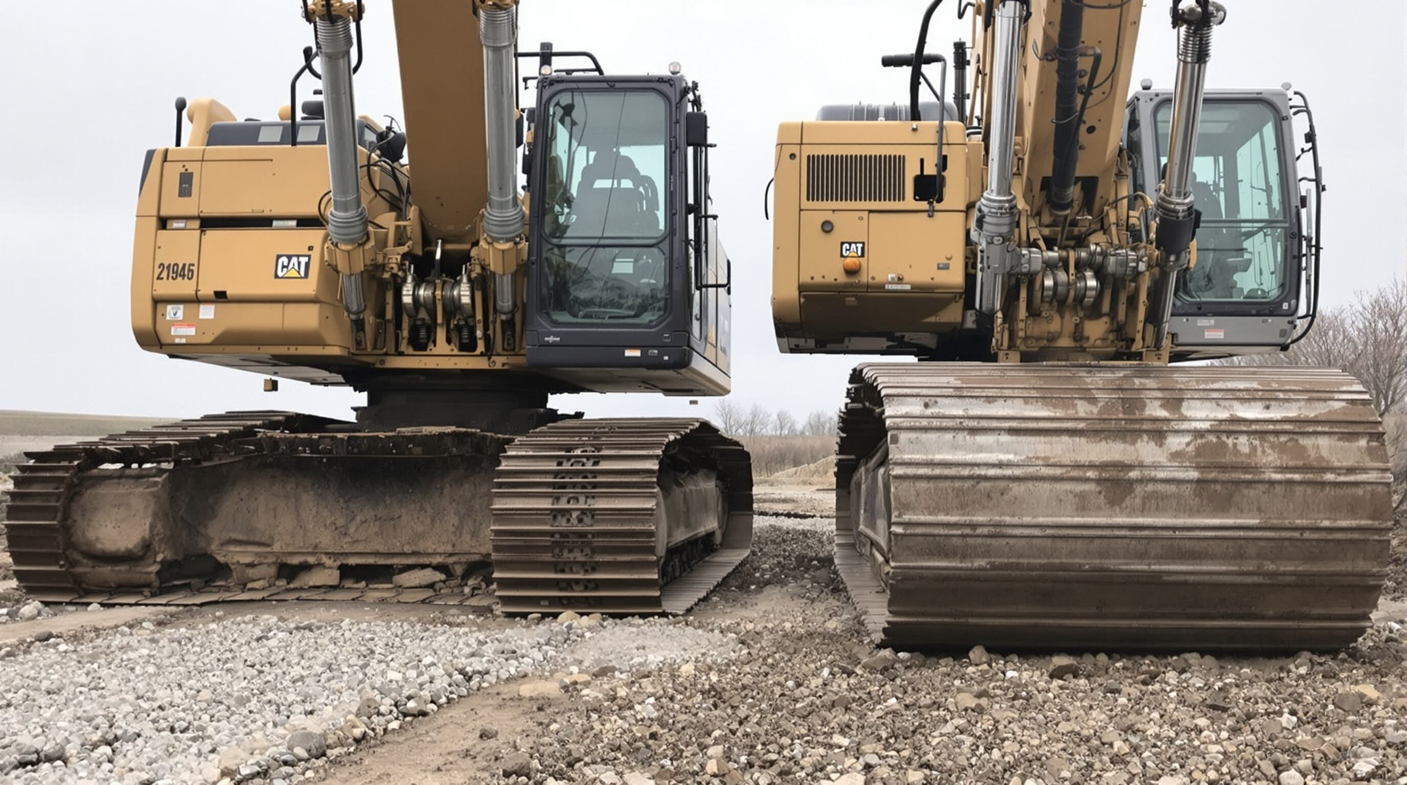Comparison of two excavators showing properly tightened tracks versus loose sagging tracks