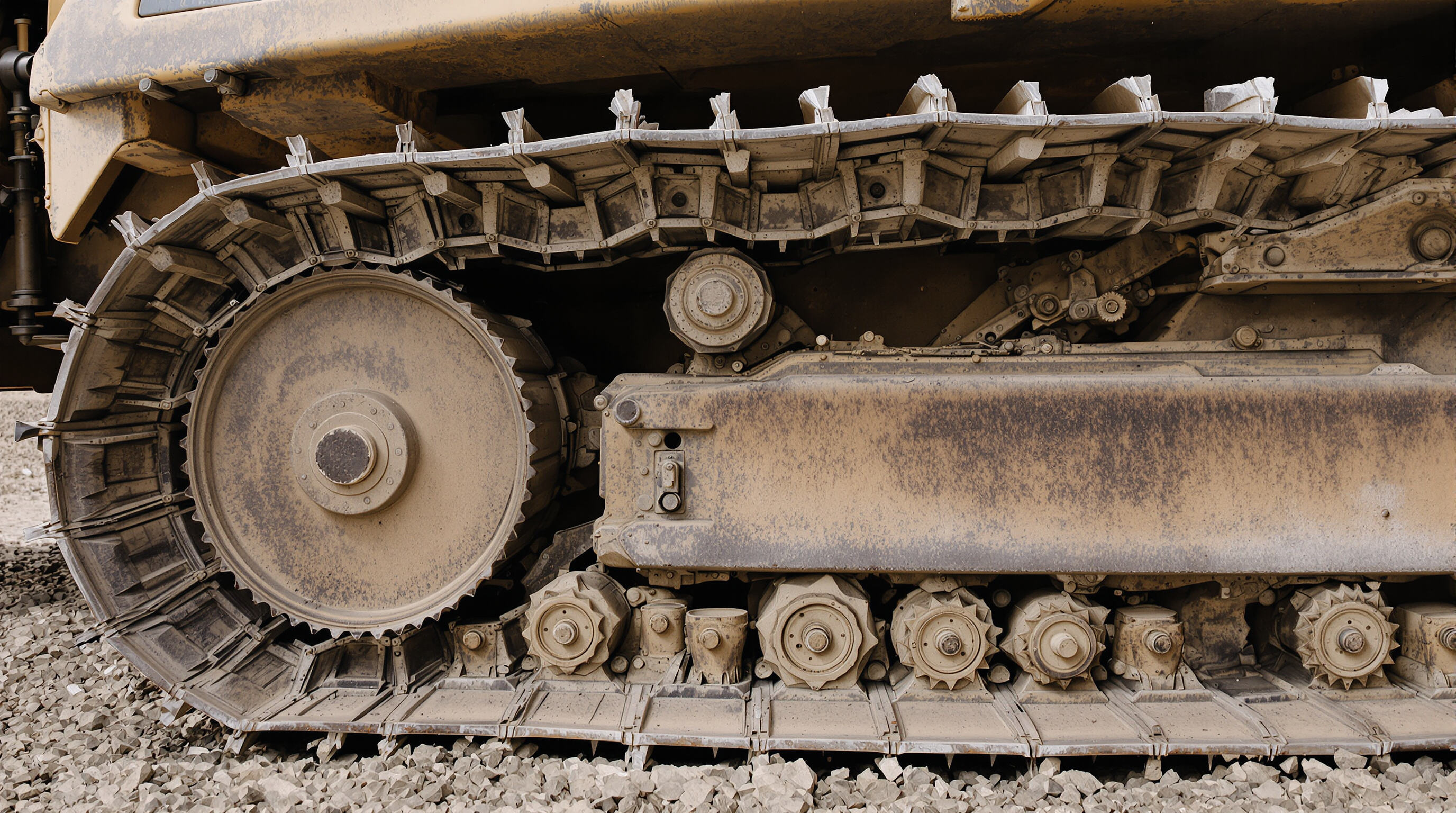 Detailed close-up of mining equipment undercarriage showing worn tracks, rollers, and sprockets with signs of wear and dust.