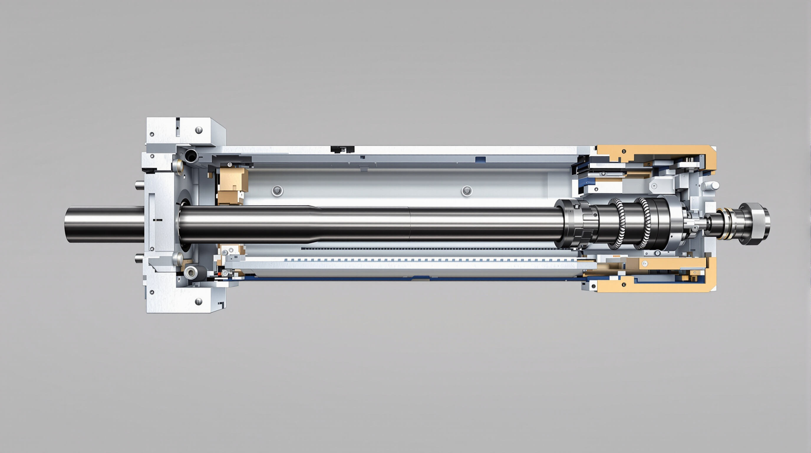 Sectional view of a hydraulic cylinder revealing its internal components and structure
