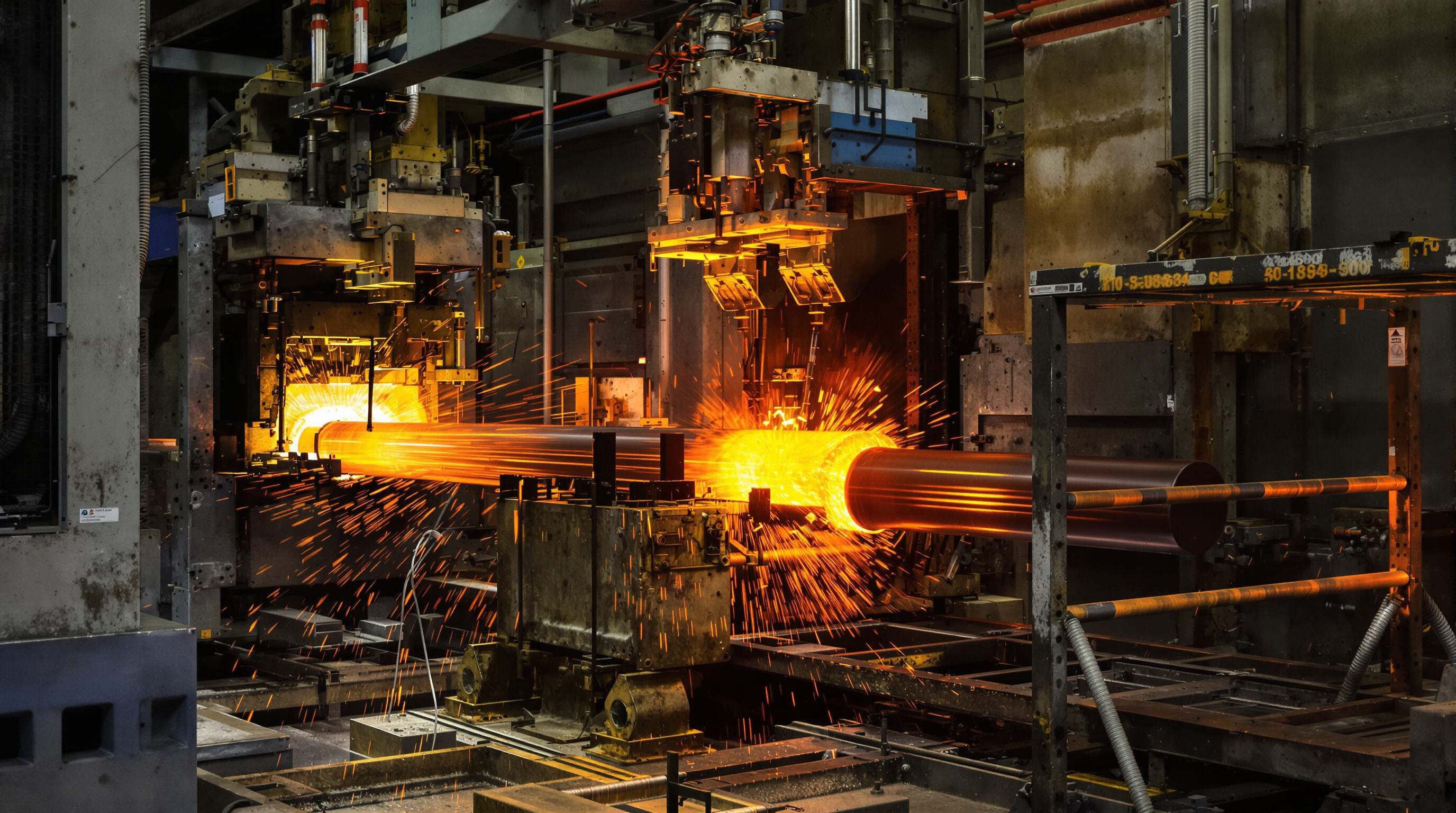 Track rollers undergoing quenching and tempering in an industrial metalworking facility