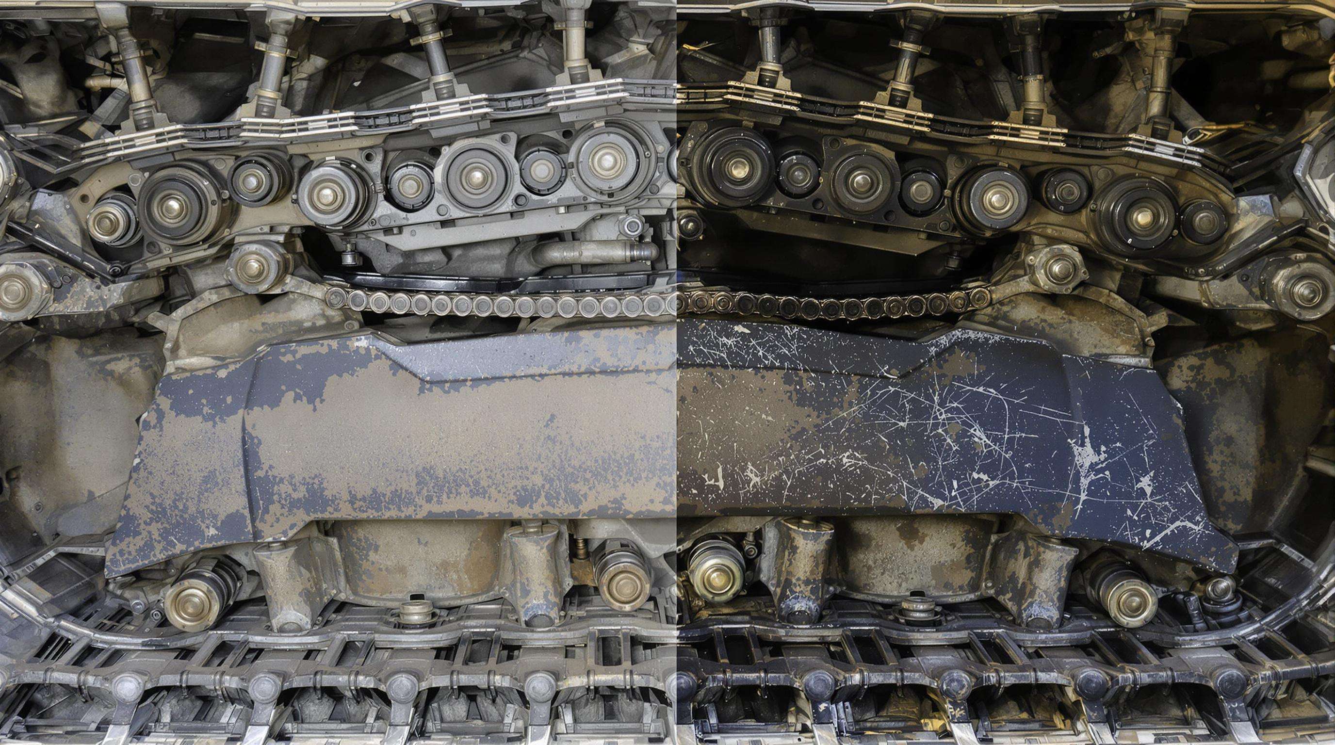 Split image of heavy equipment undercarriage, one side showing new and one side showing worn track components.