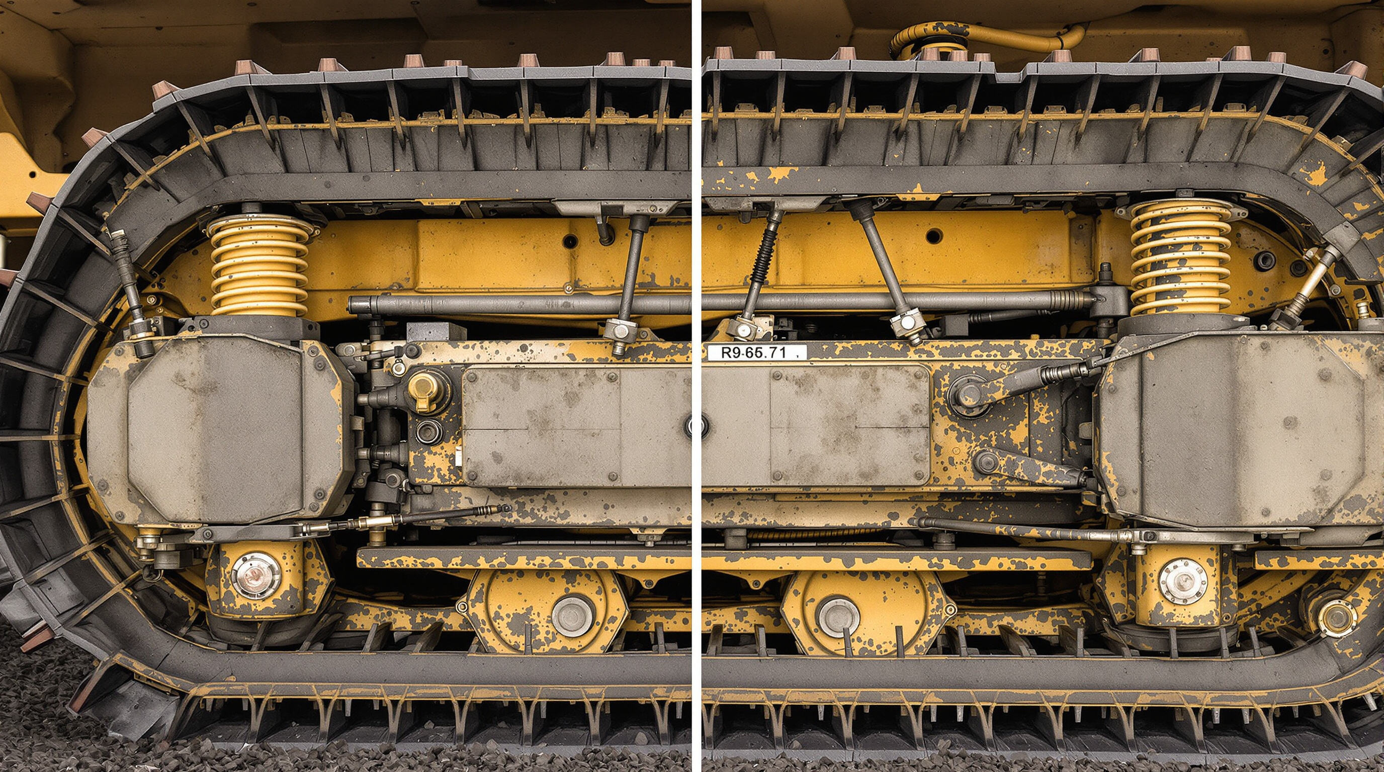 Split view of undercarriage illustrating both carrier rollers above and track rollers below the excavator track