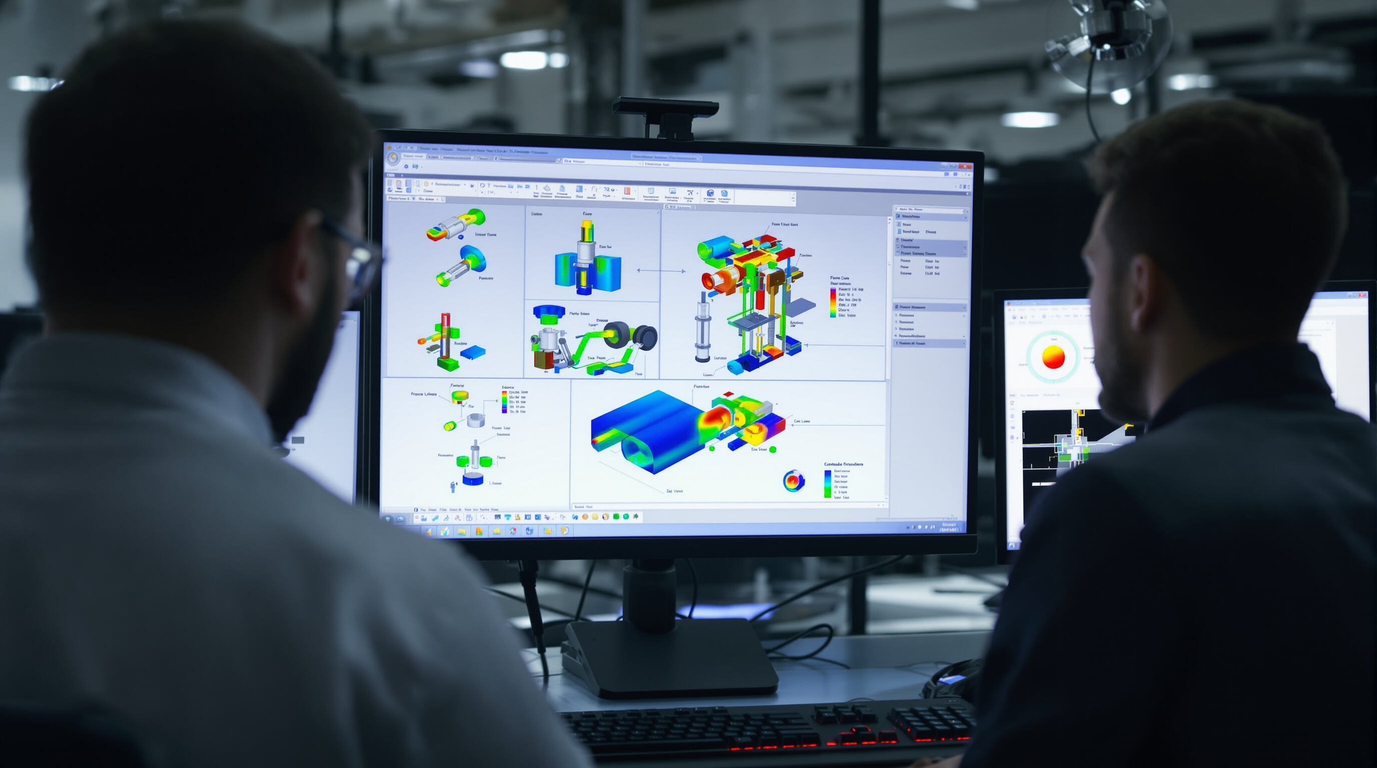 Engineers using software to calculate hydraulic system load and force requirements