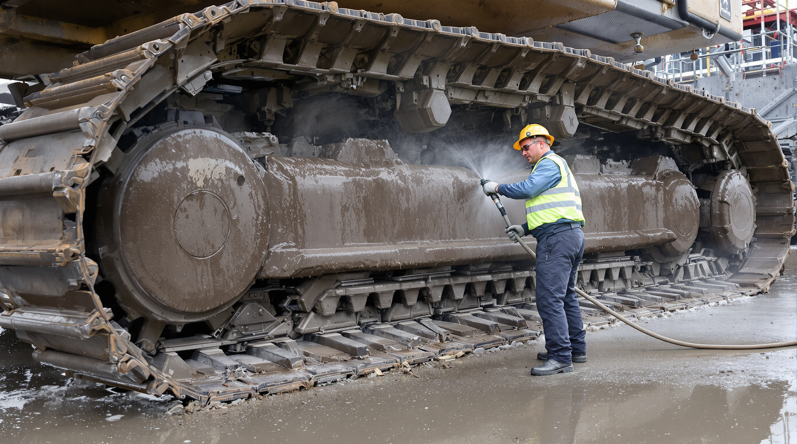 Mining technician inspects and cleans machine undercarriage using water jet in a muddy mining environment