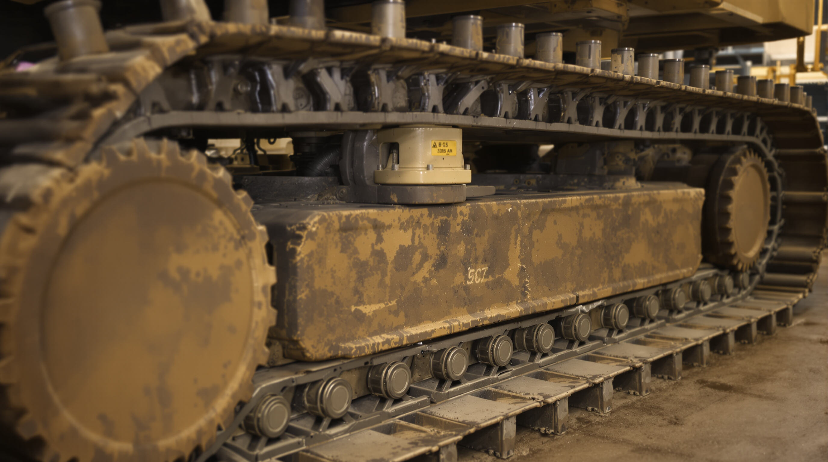 Close-up view of mining undercarriage components including track chains, rollers, idlers, sprockets, and track shoes