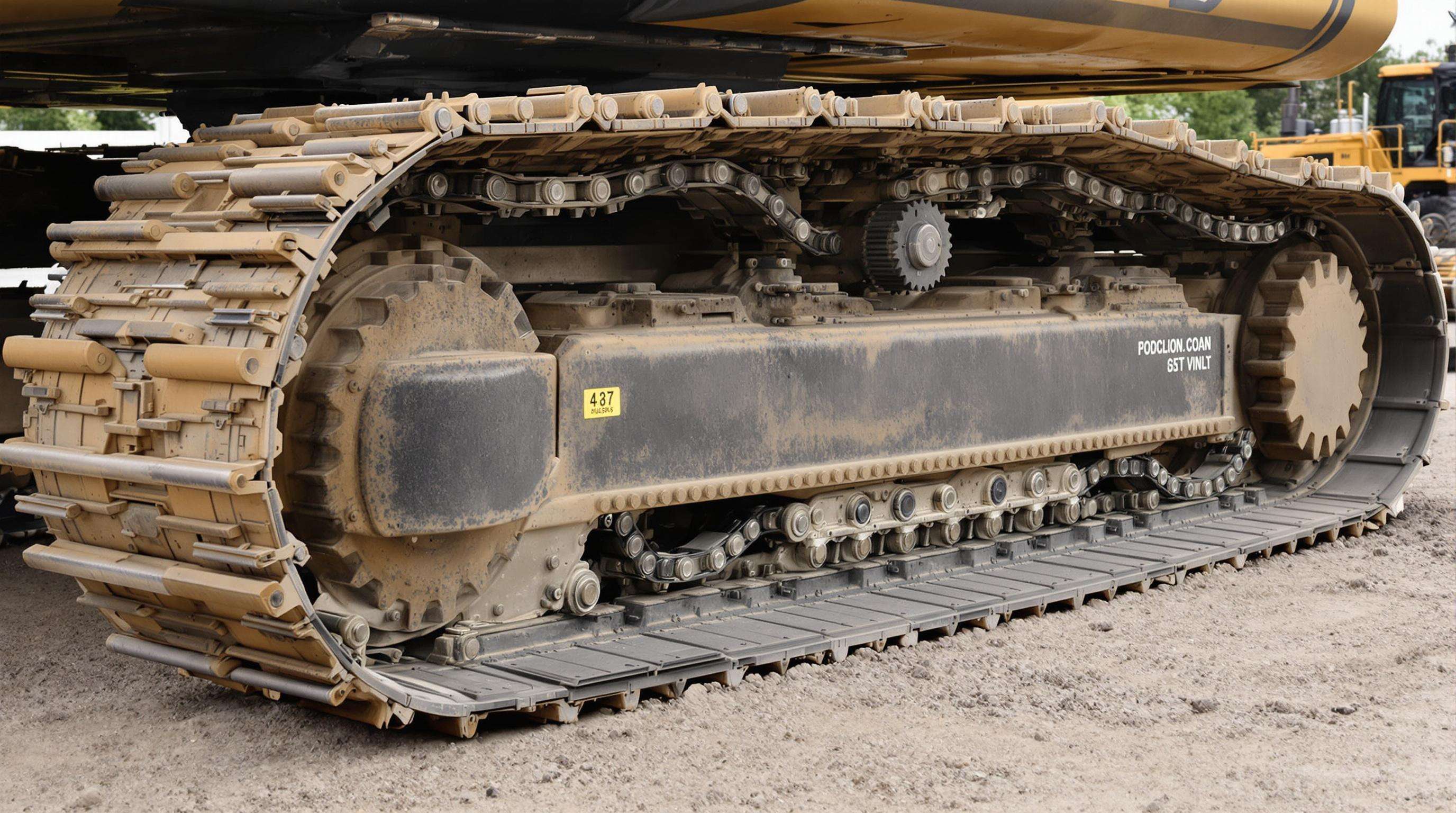 Close-up of excavator undercarriage displaying track chains, rollers, and sprockets on a construction site