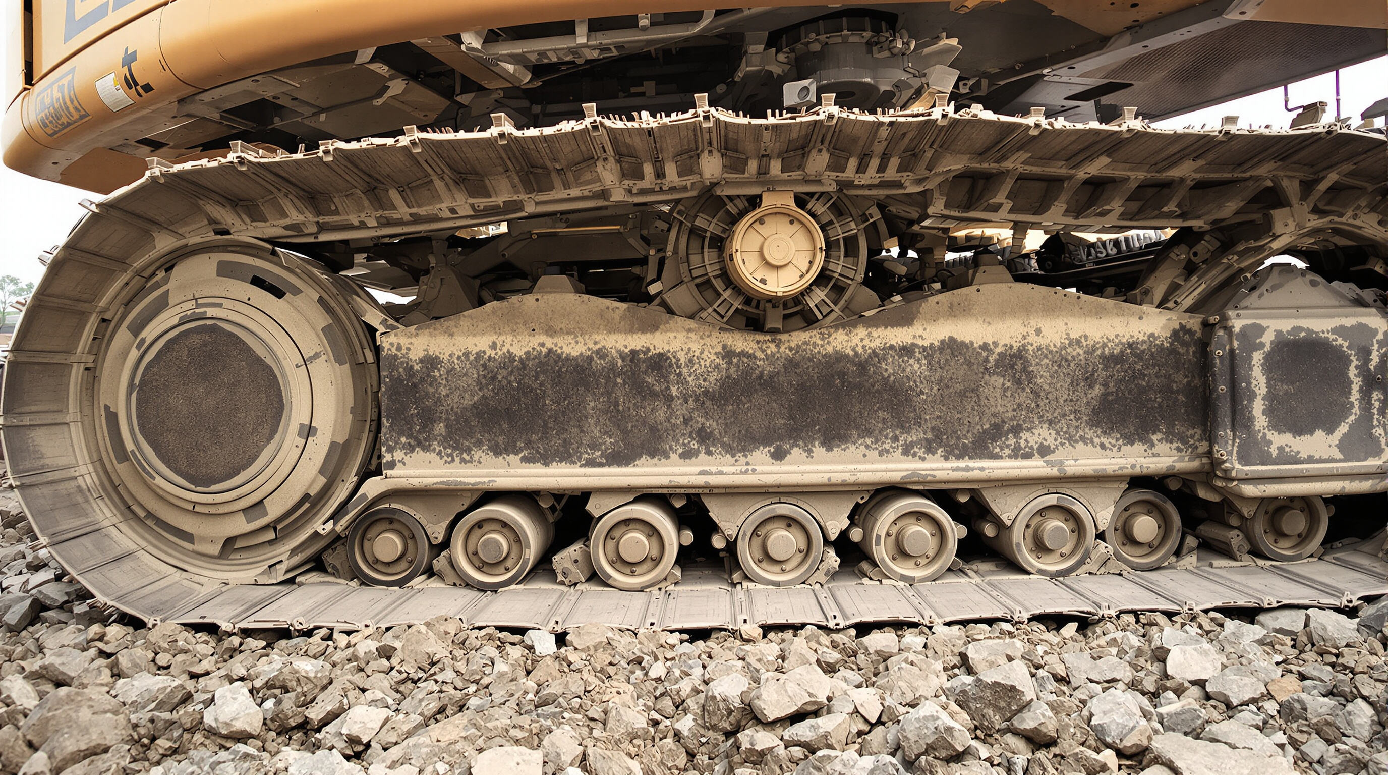 Excavator undercarriage close-up showing track rollers with signs of wear on a construction site