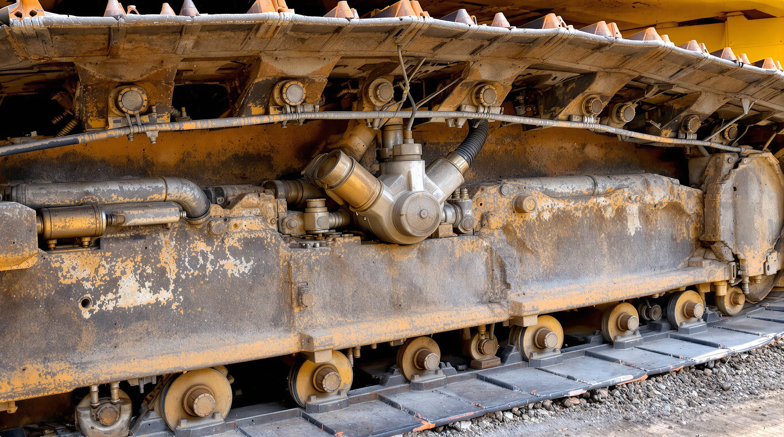 Detailed view of a hydraulic track adjuster cylinder integrated into an excavator's undercarriage