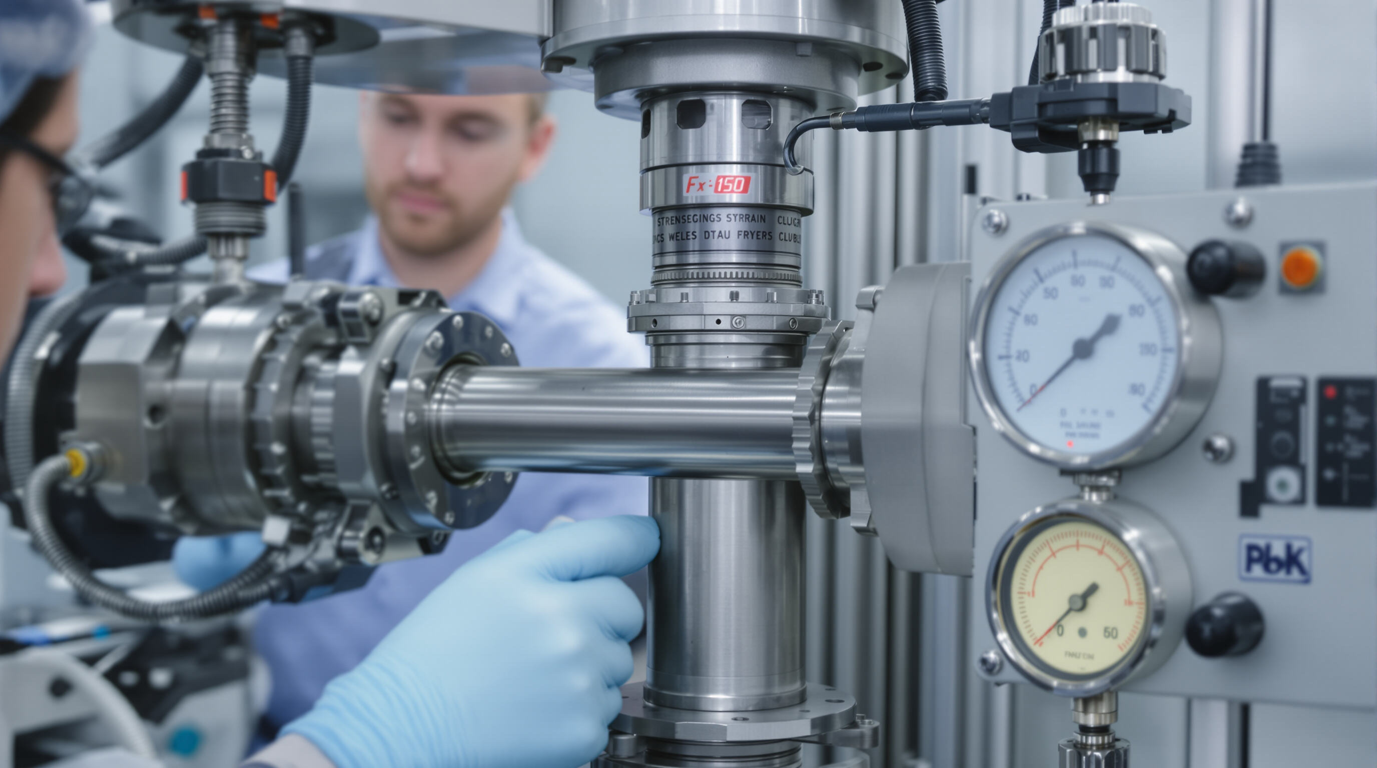 Technician measuring a hydraulic cylinder's tension, compression, and pressure in a lab