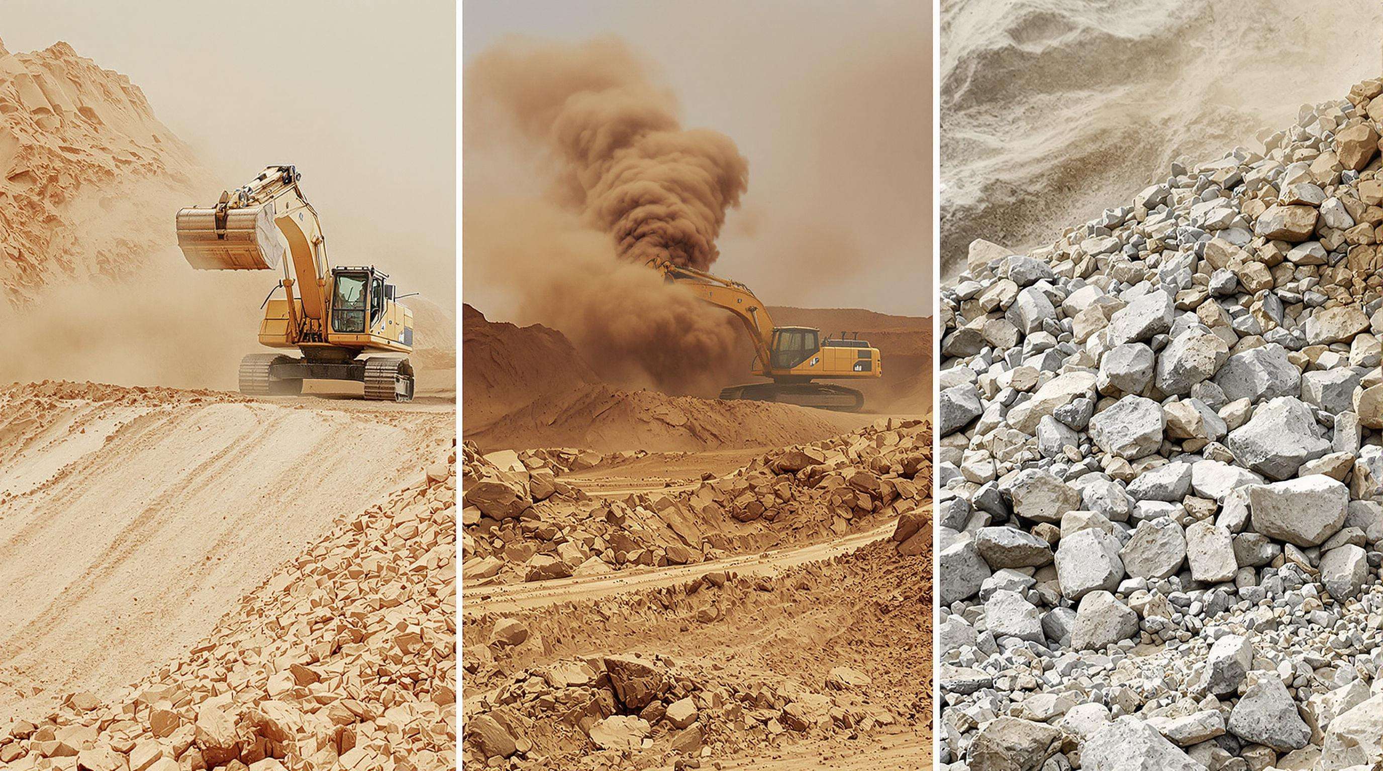 Excavator operating on sand, mud, and rocky ground highlighting undercarriage wear factors