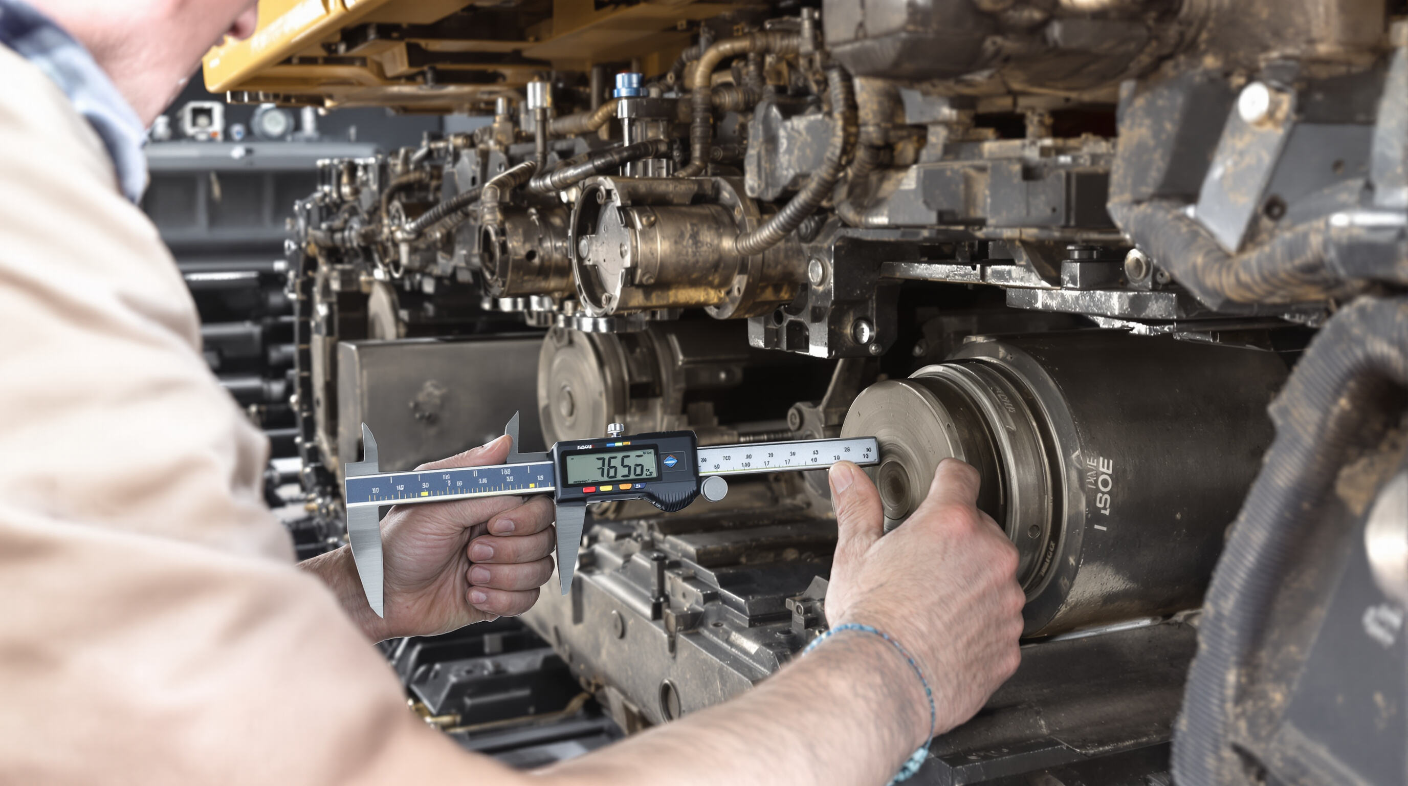 Technician using calipers to measure wear on track rollers of an excavator during inspection