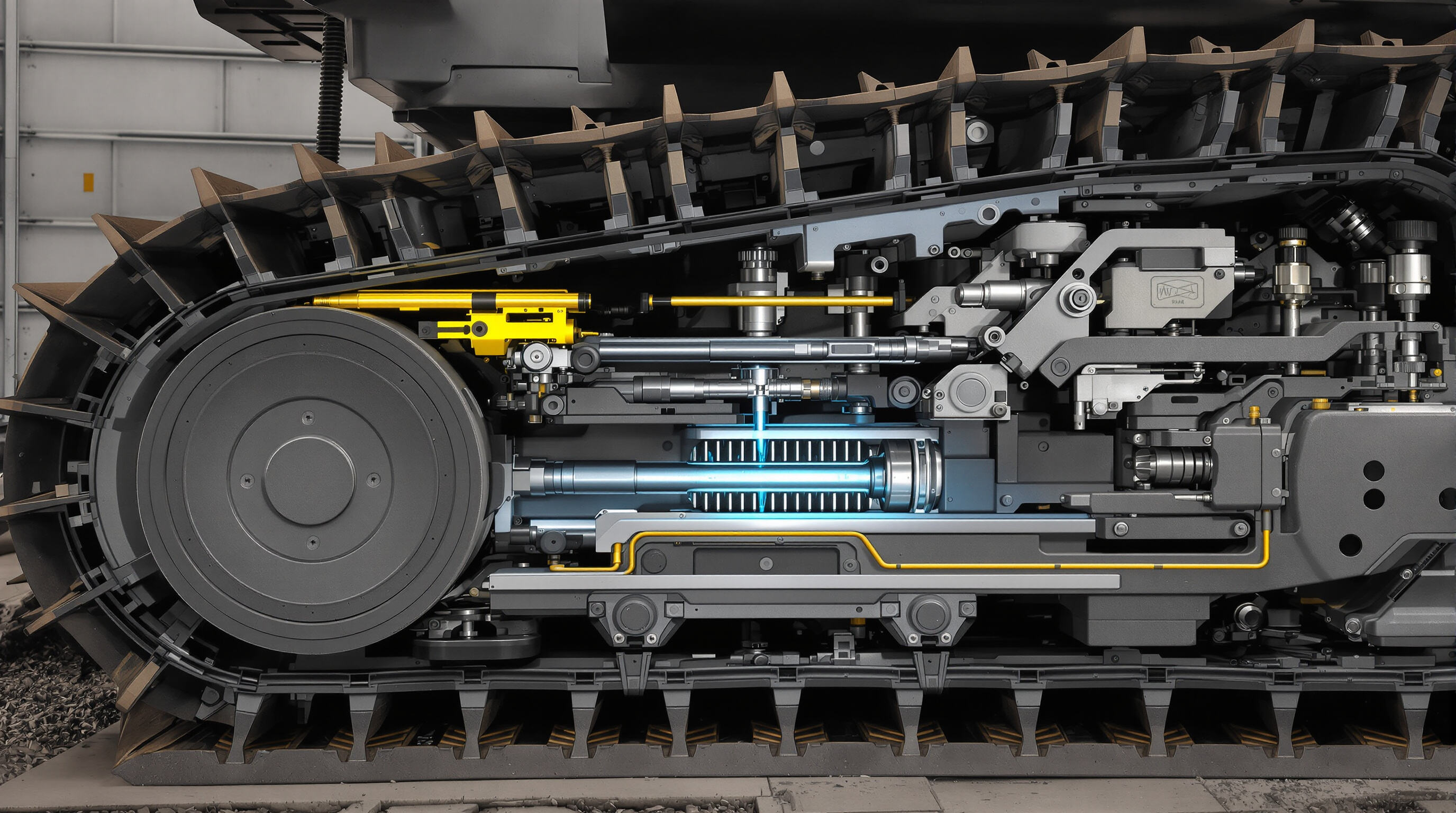 Cross-sectional view of a heavy machinery track with the adjuster cylinder and idler wheel