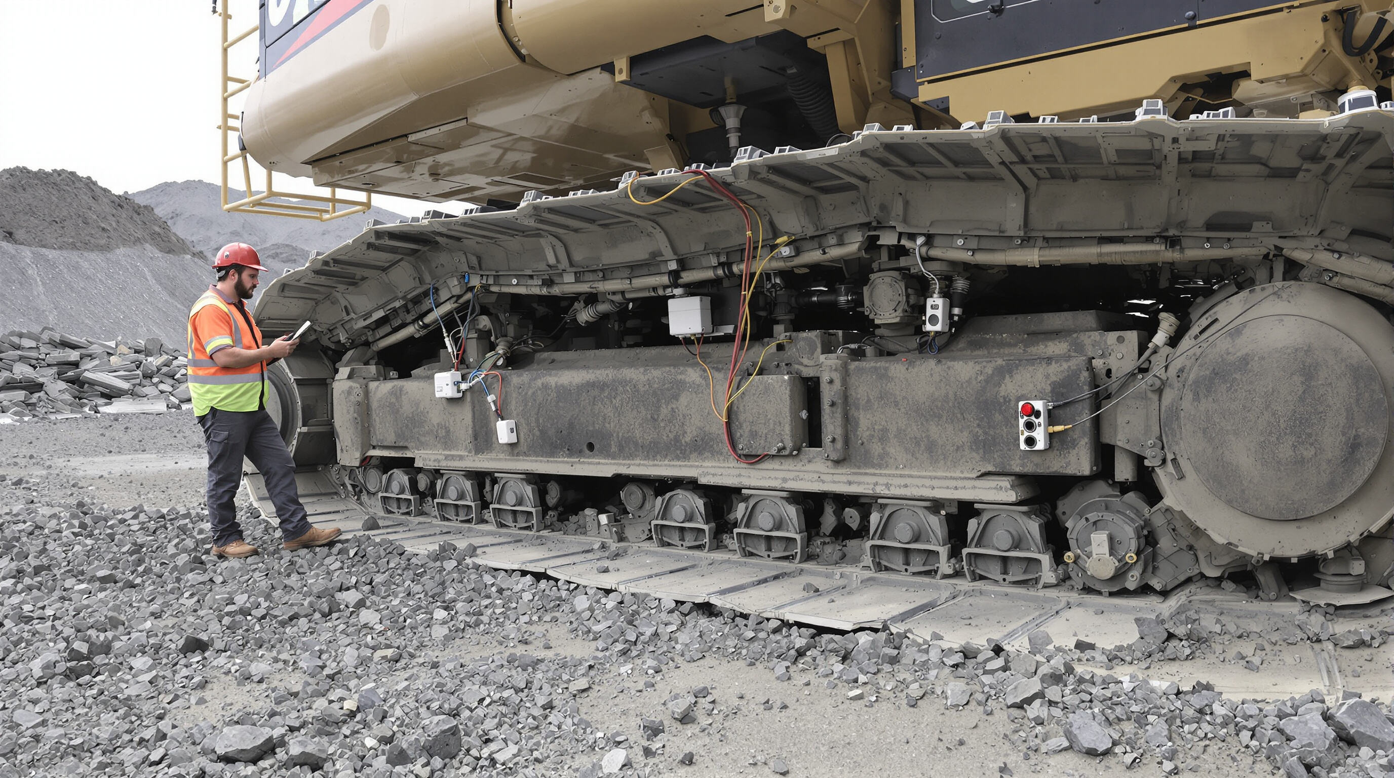 Mining machine undercarriage equipped with IoT sensors and technician inspecting sensor data on a tablet.