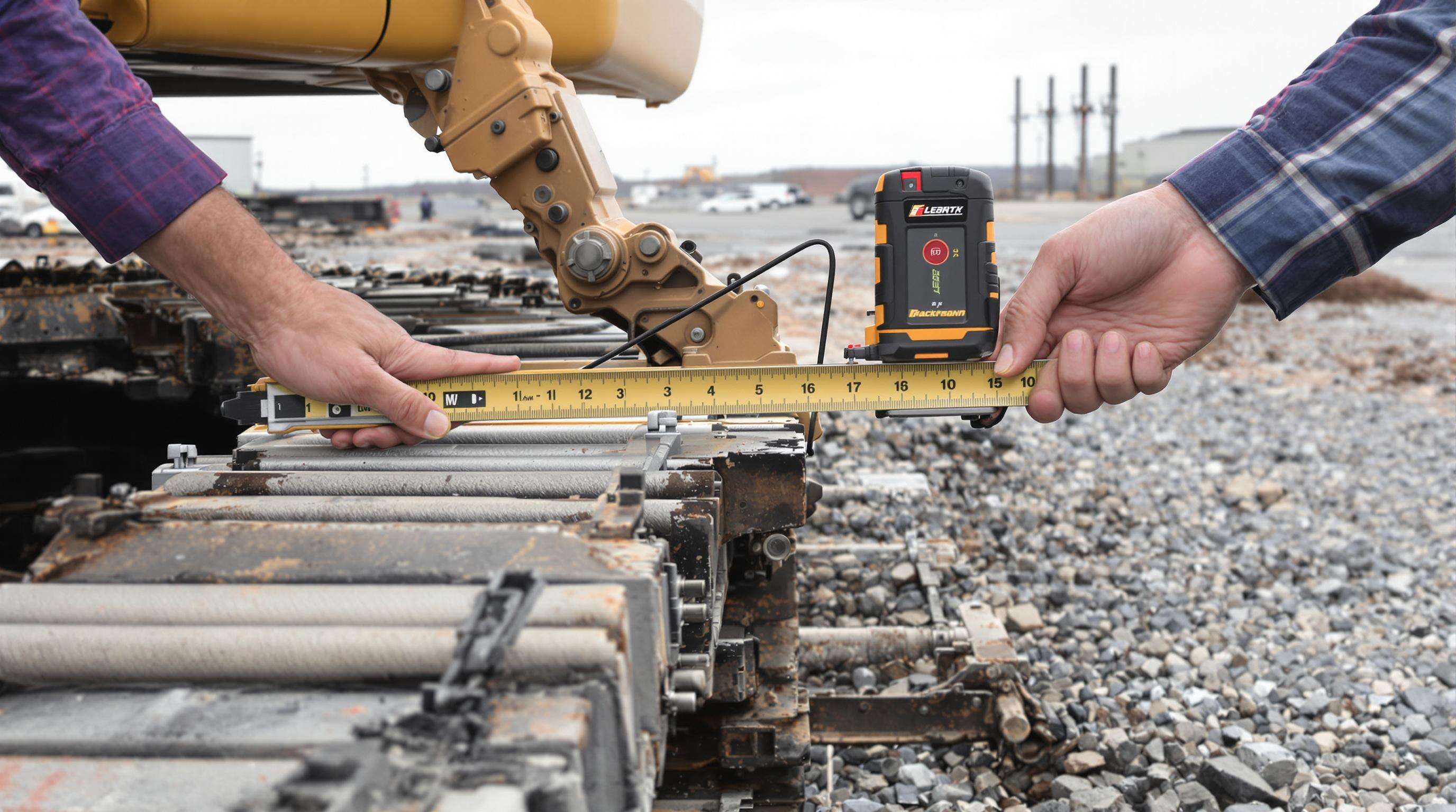 Technician using a measuring tool to check track tension on an excavator undercarriage