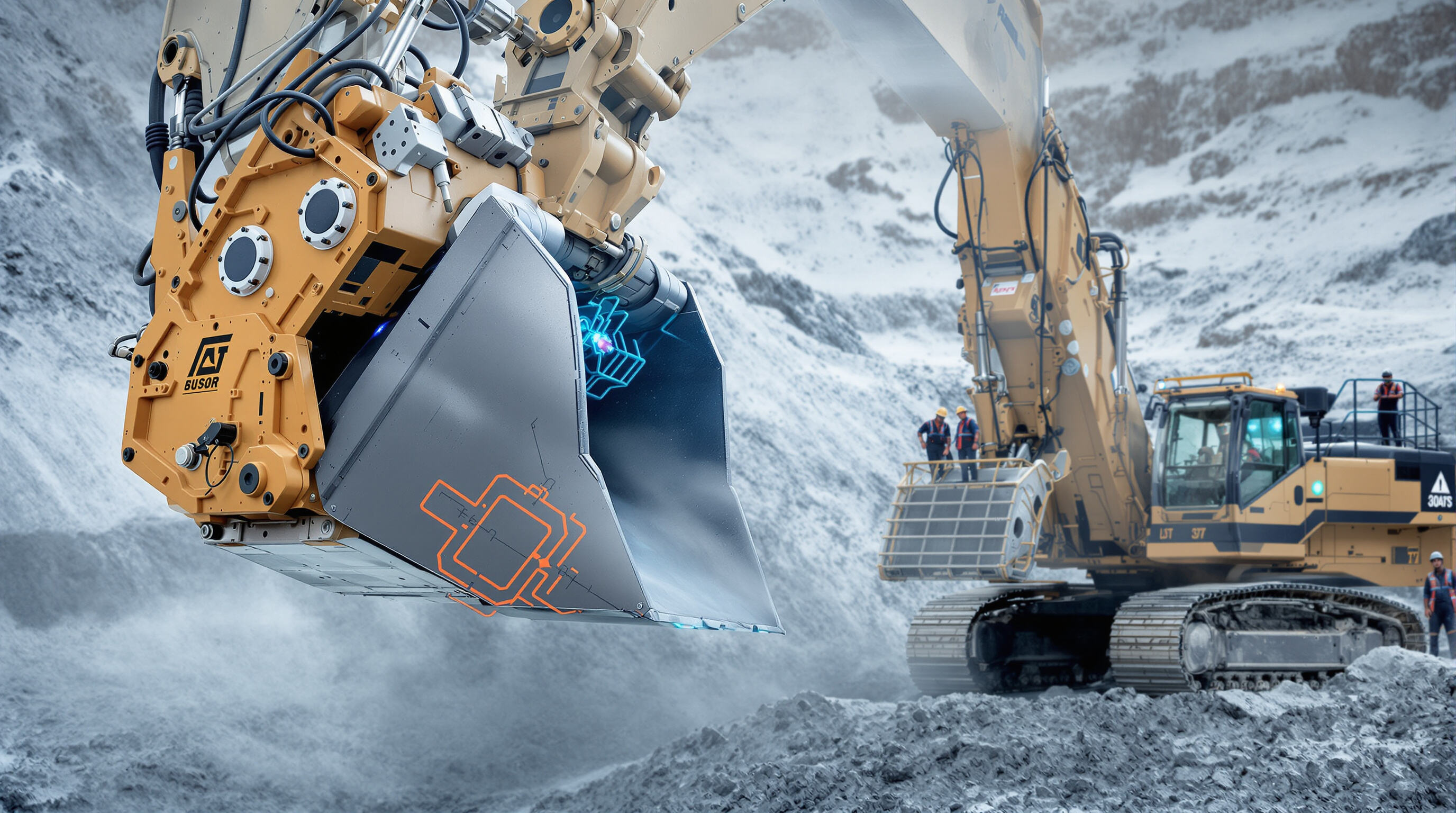 Modern mining bucket with sensors and composite materials being inspected in a quarry setting