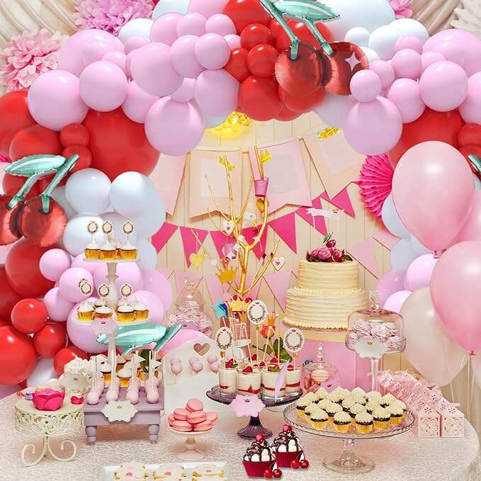 product cherry balloon garland arch kit red pink white balloons with cherry foil balloons baby shower berry party decorations-4