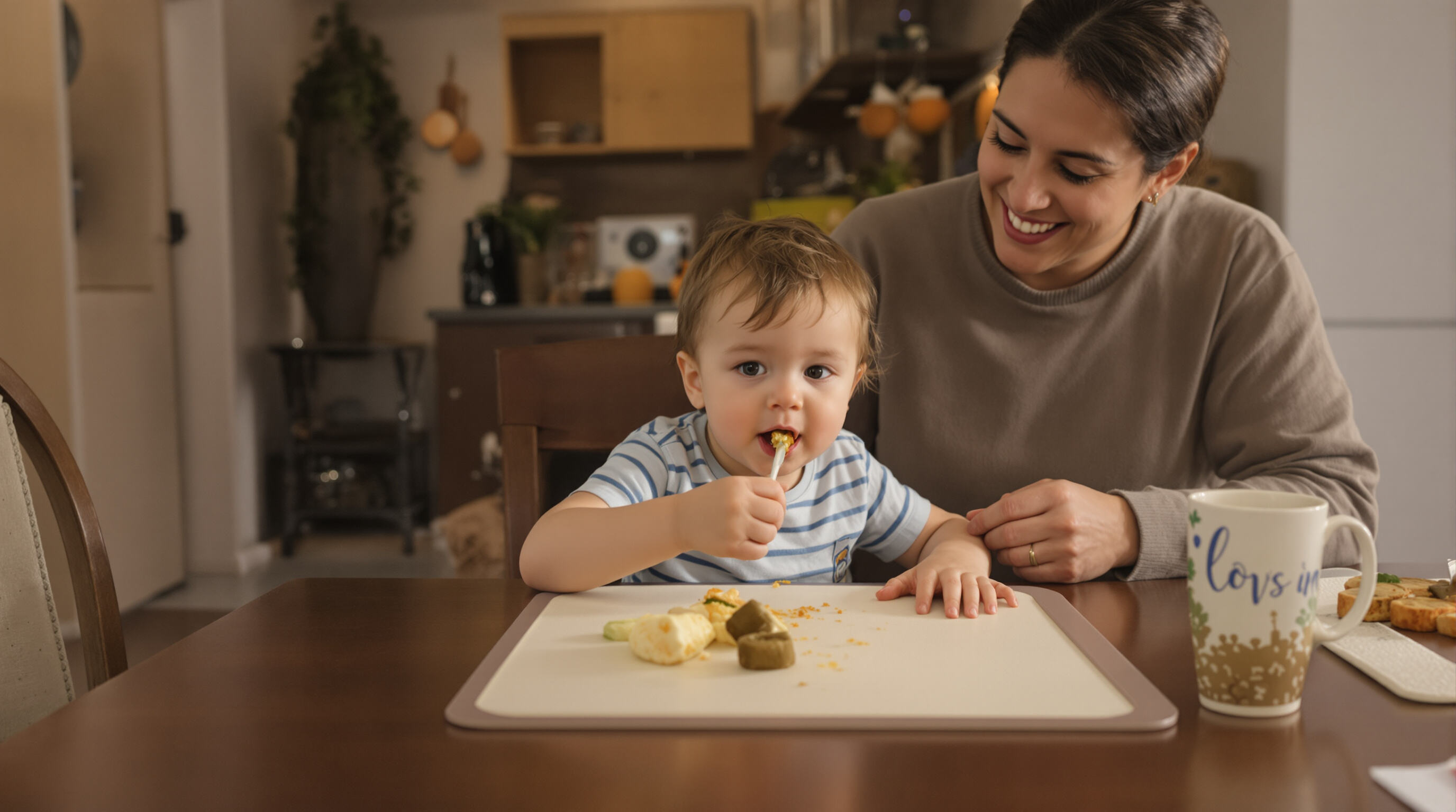 Toddler eating at table using silicone placemat while caregiver observes supportively