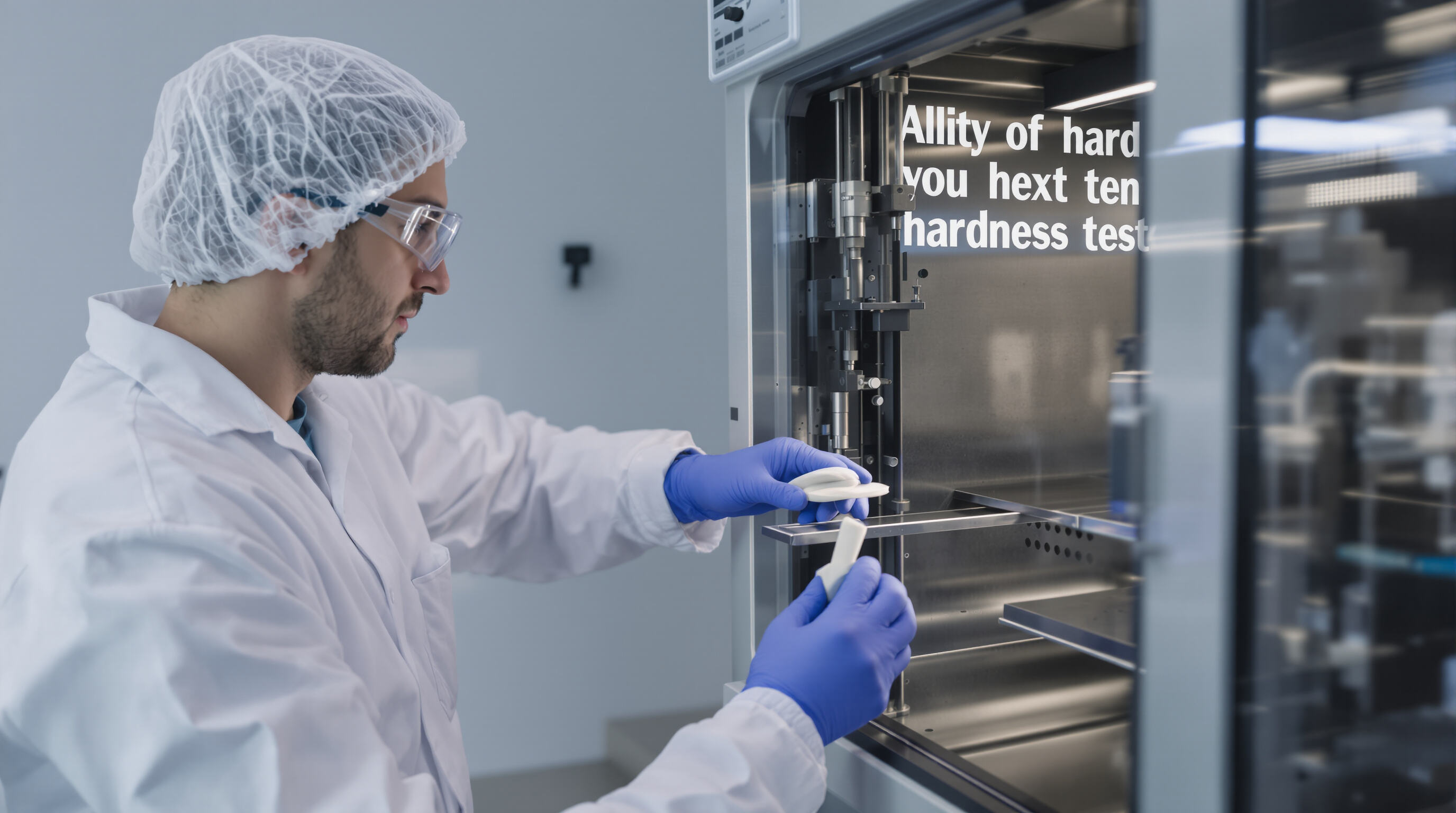 Photo of technician testing silicone samples for tensile strength and durability in a laboratory environment