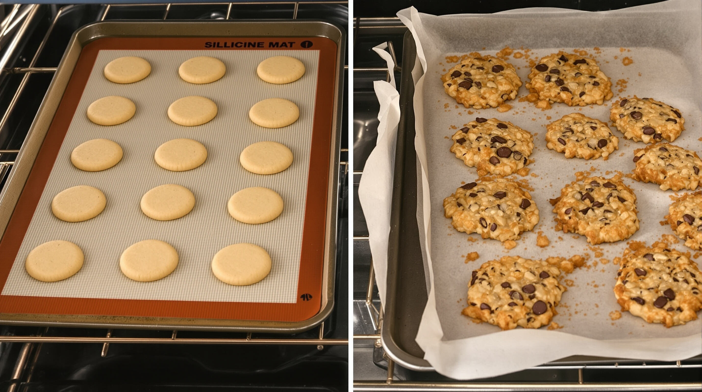 Side-by-side trays in an oven, one with a silicone mat yielding evenly baked cookies and one with parchment showing sticking and uneven browning