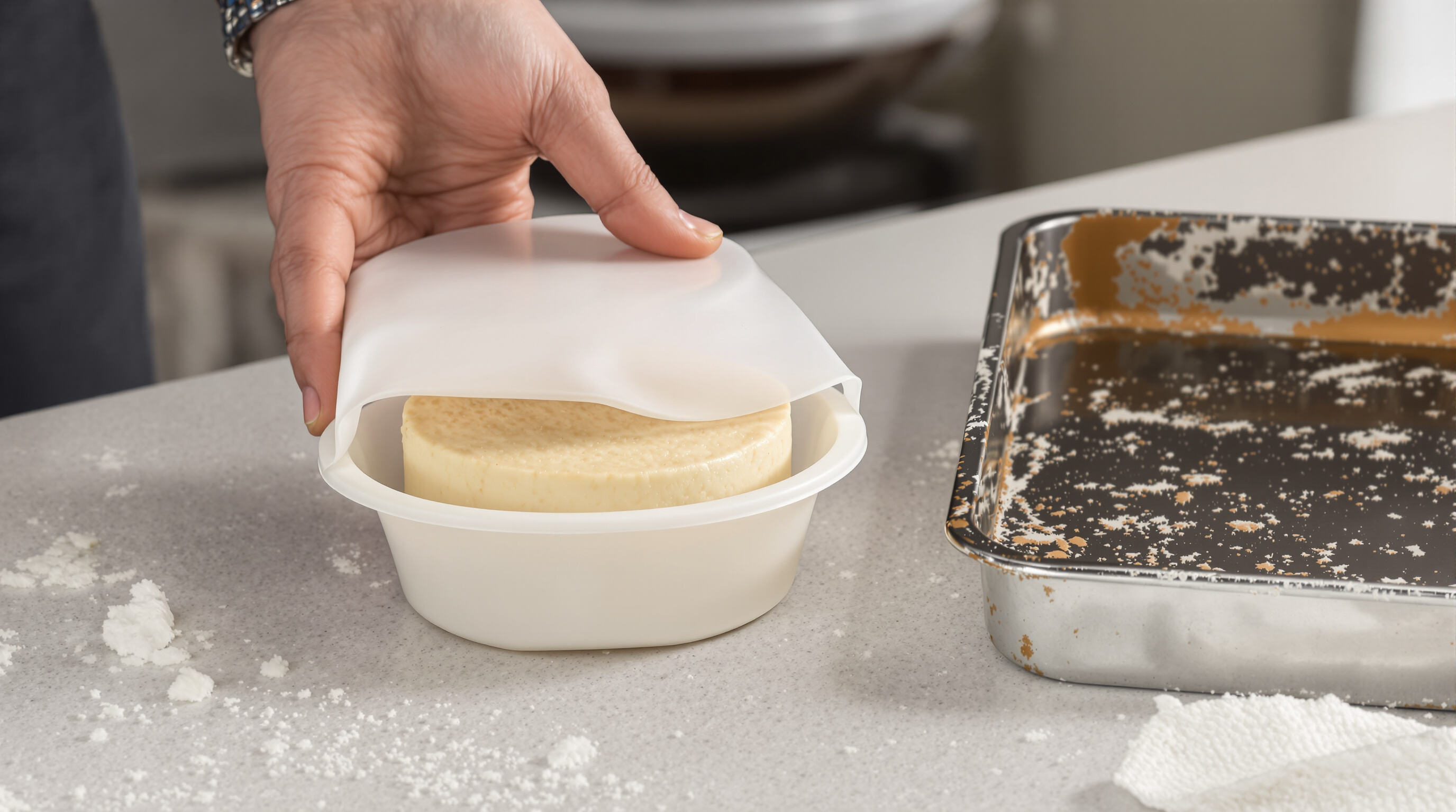Hand lifting cake cleanly from silicone baking mold, contrasted with a metal pan showing stuck residue