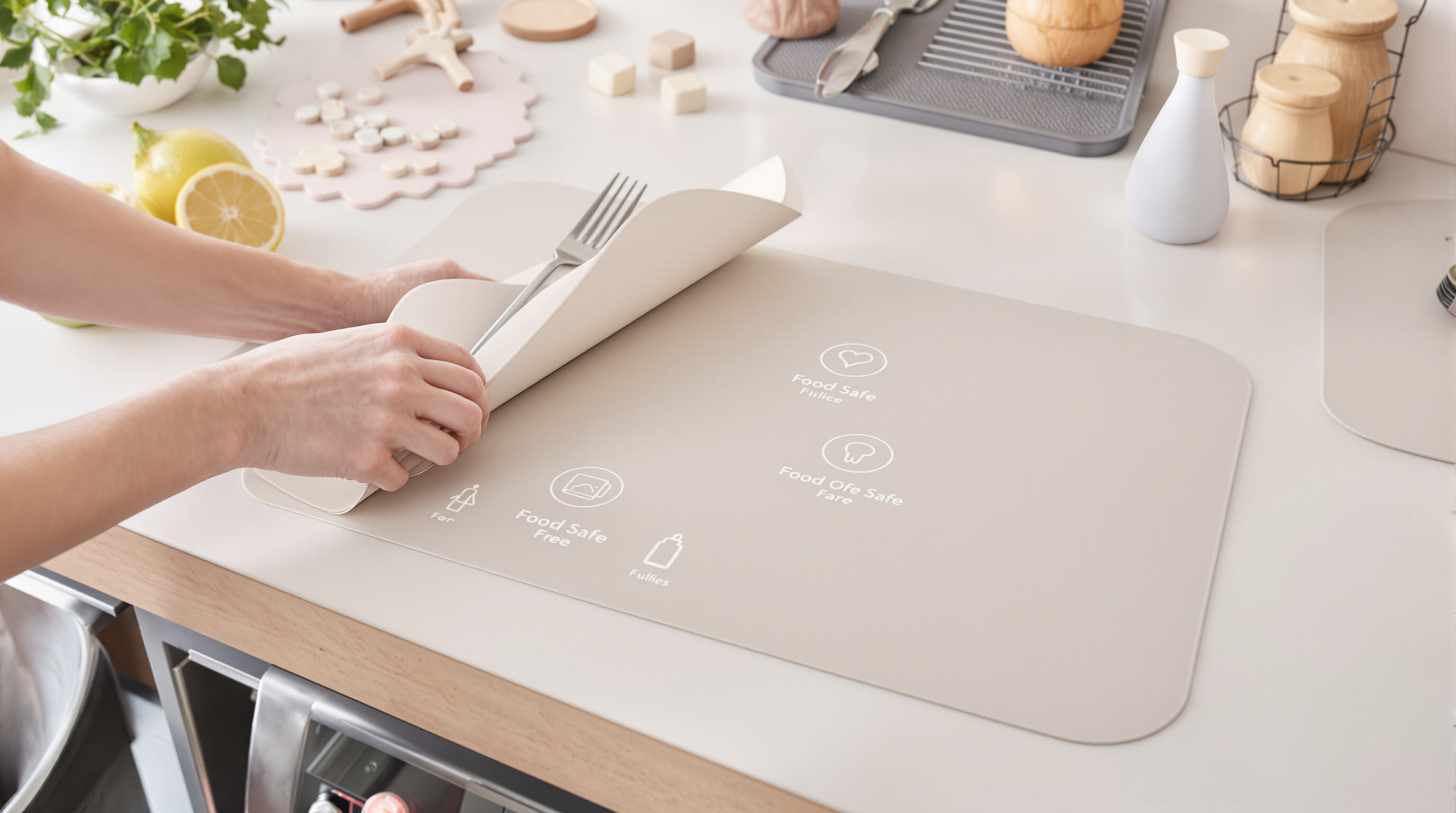 Hands placing a silicone placemat near food-safe lab tools on a kitchen counter