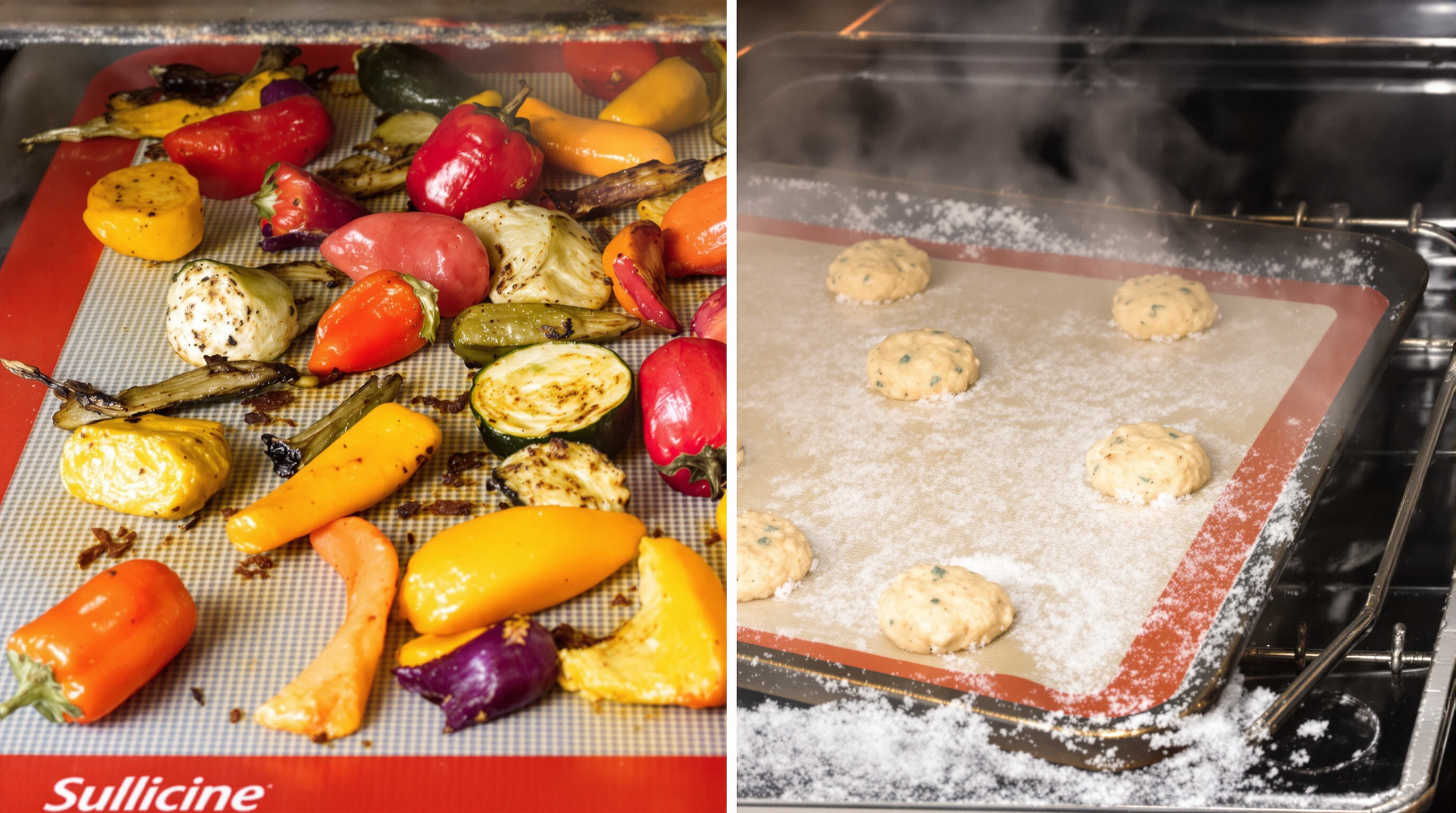 A silicone mat used both in a freezer with chilled dough and in an oven with roasting vegetables, showing versatility in extreme temperatures
