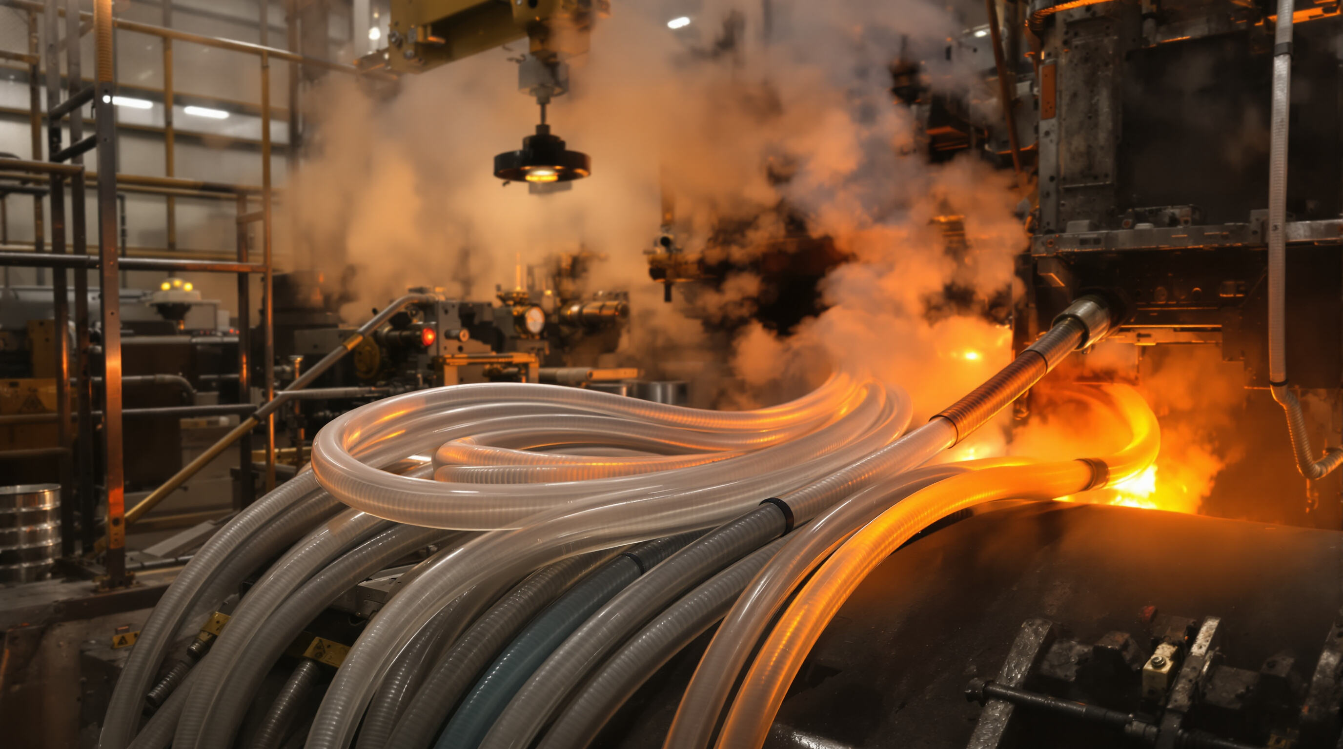 Silicone tubing installed in a hot industrial foundry with machinery and heat sources