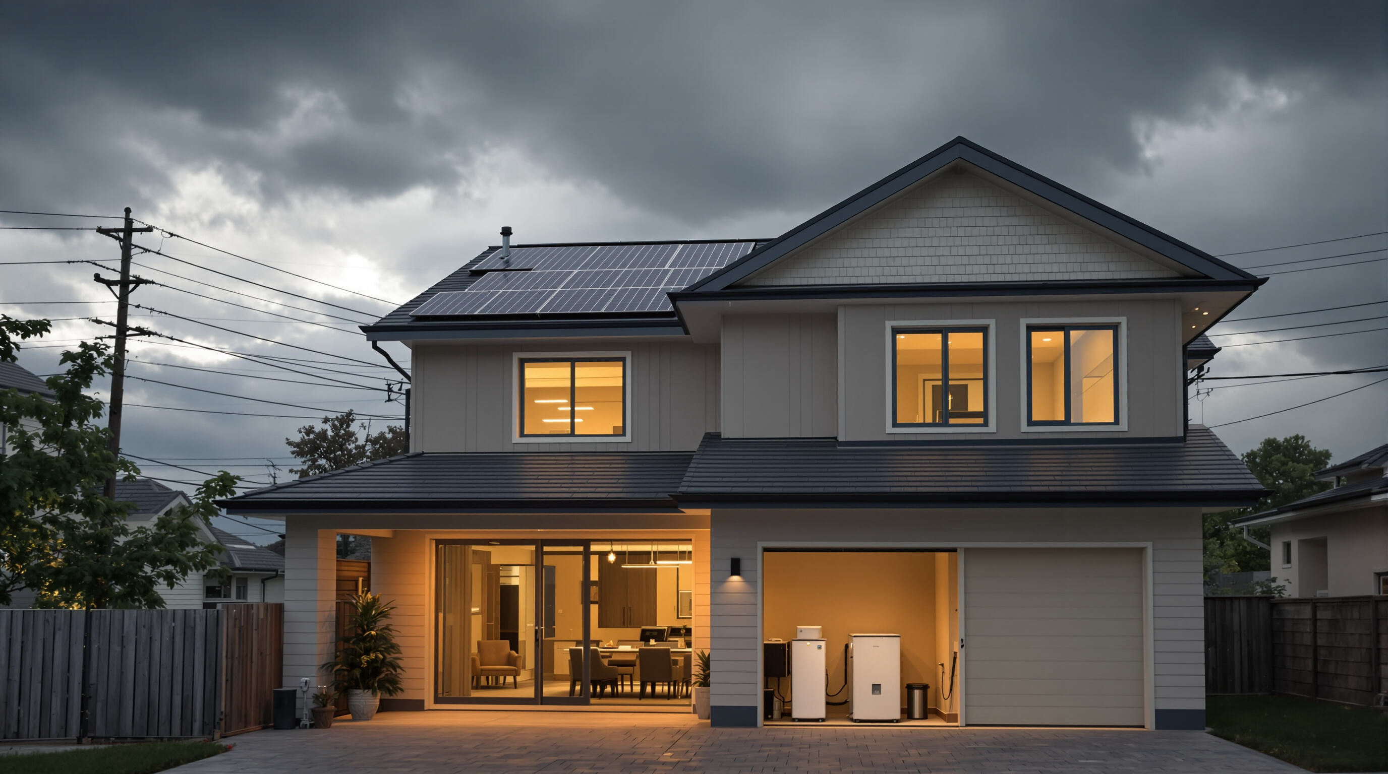 Modern house with solar panels and battery, stormy sky and power lines showing energy independence