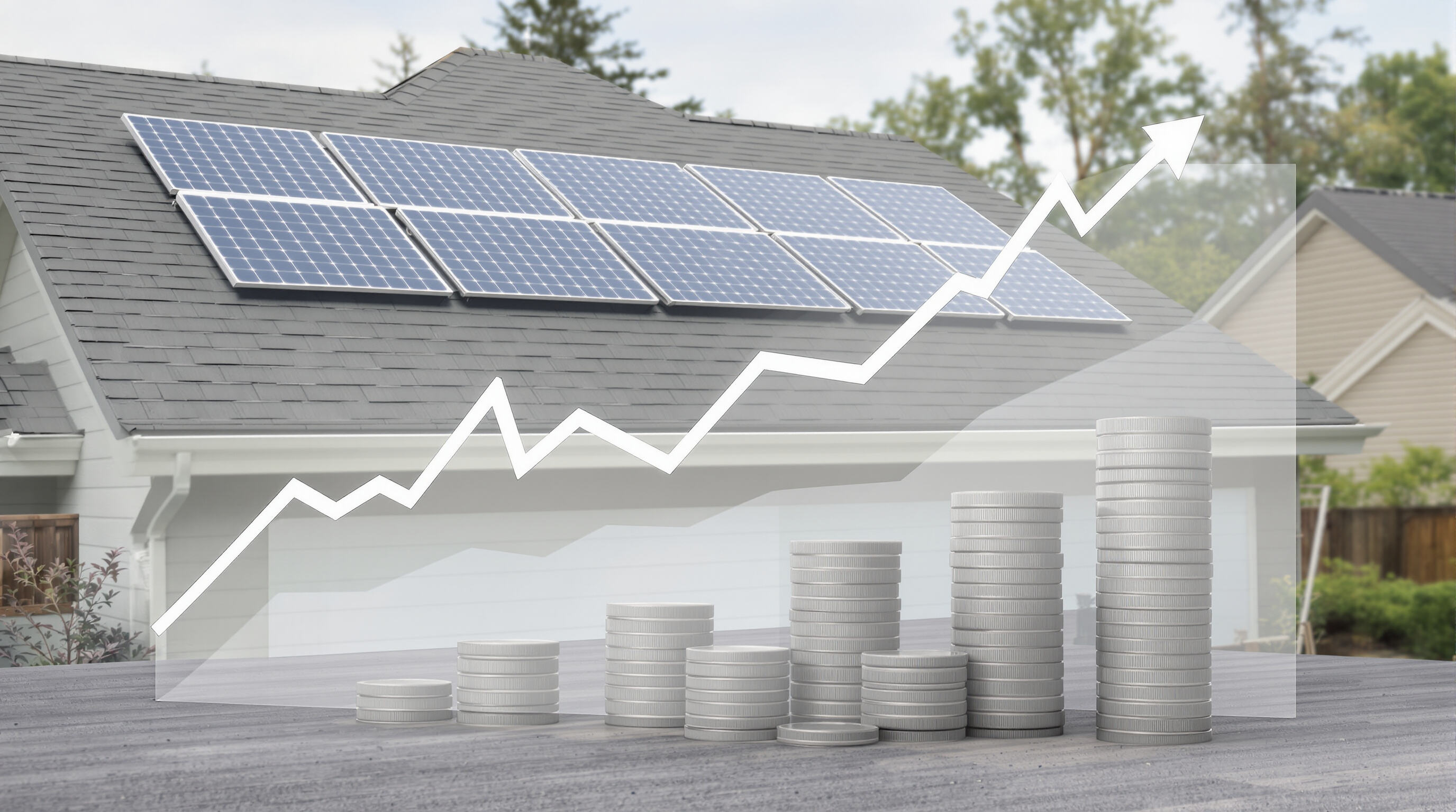 Suburban home with solar roof and graphical representation of long-term financial savings